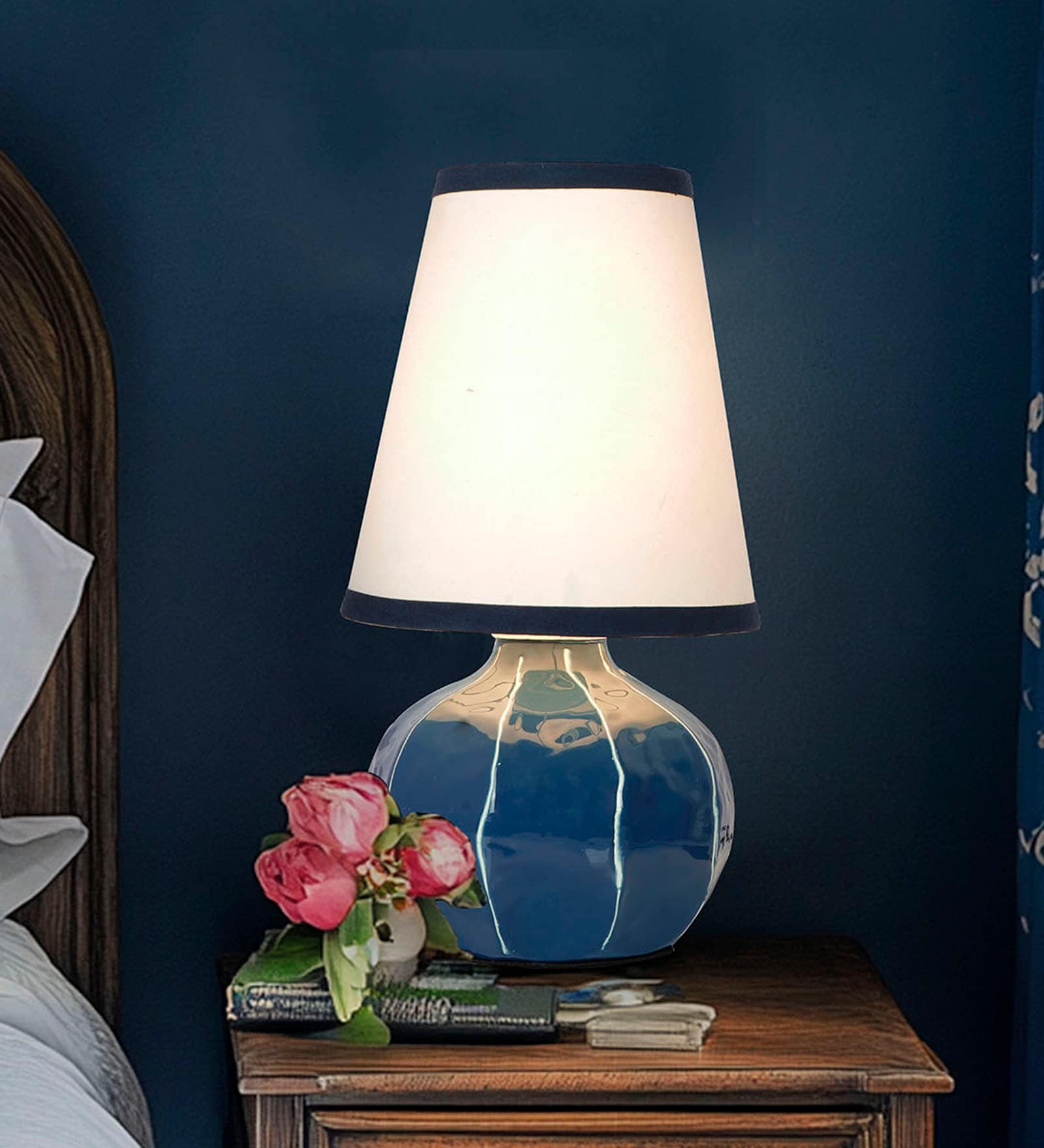 Contemporary Enamel Blue Melon-Shaped Table Lamp with Hand-Painted Lines