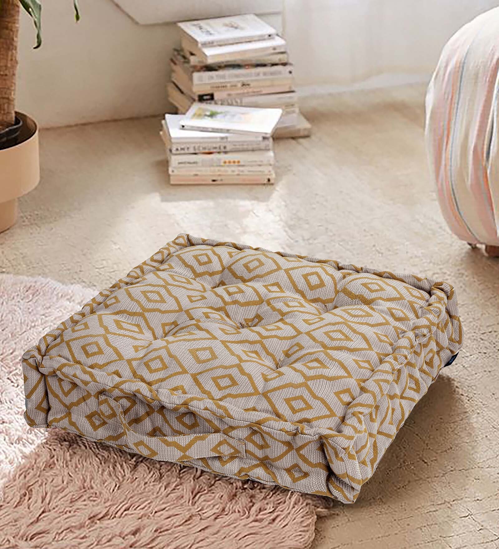 Contemporary Grey & Mustard Premium Polyester Square Floor Cushion(Reversible) 20x20x5 inches