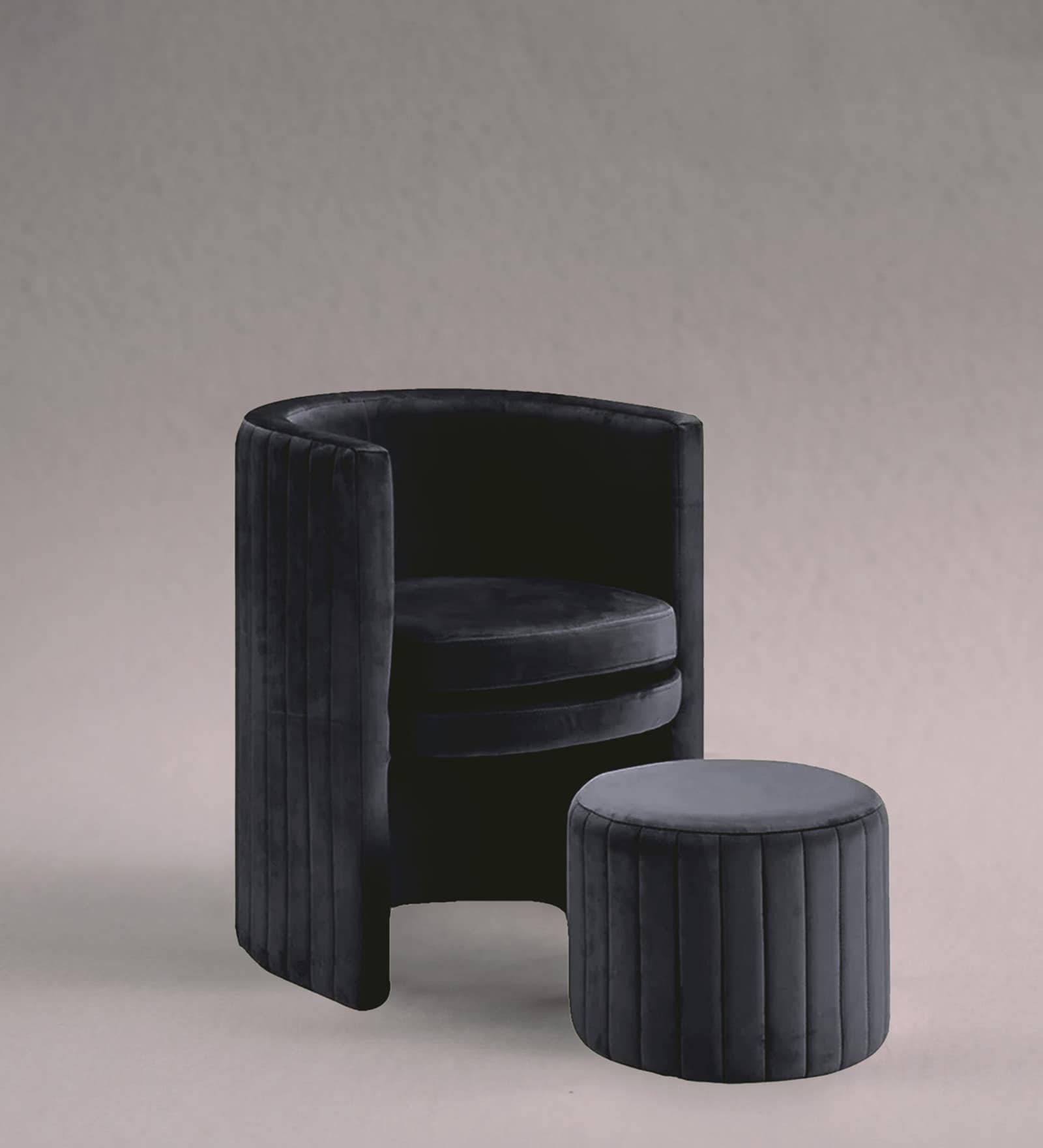 Contemporary Luxe Velvet Fabric Barrel Chair With Ottoman Footrest In Black Colour