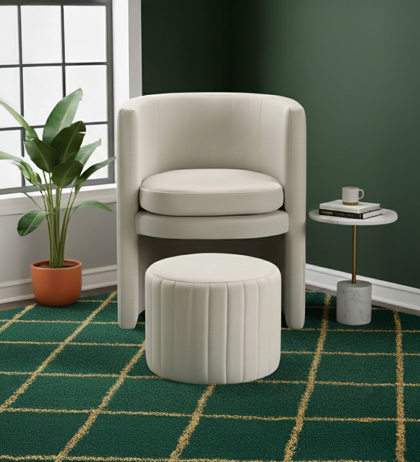 Contemporary Luxe Velvet Fabric Barrel Chair With Ottoman Footrest In Cream Colour