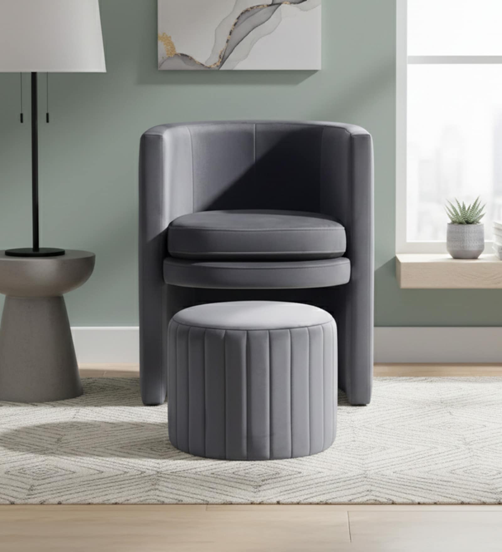 Contemporary Luxe Velvet Fabric Barrel Chair With Ottoman Footrest In Grey Colour
