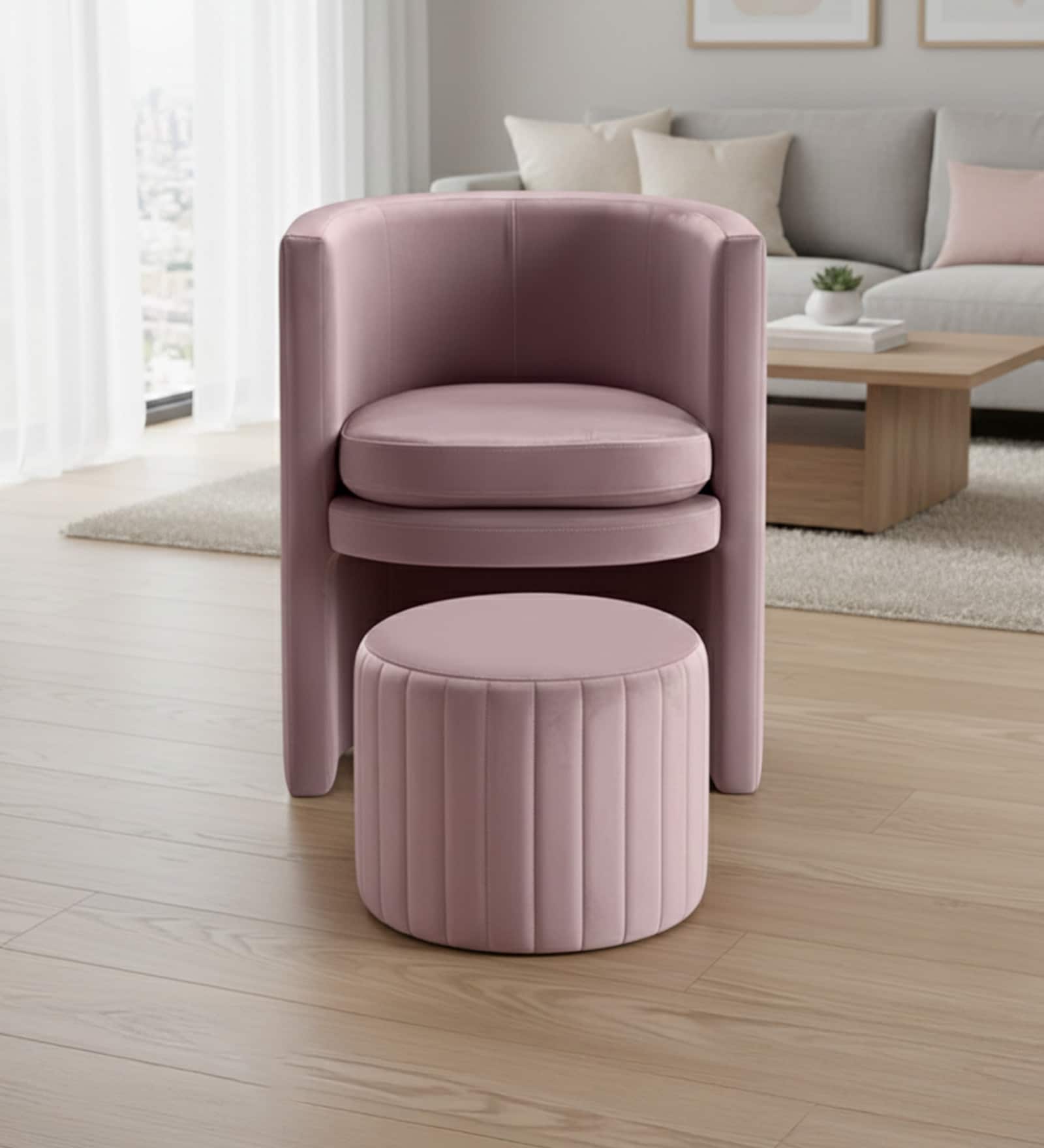 Contemporary Luxe Velvet Fabric Barrel Chair With Ottoman Footrest In Mauve Colour