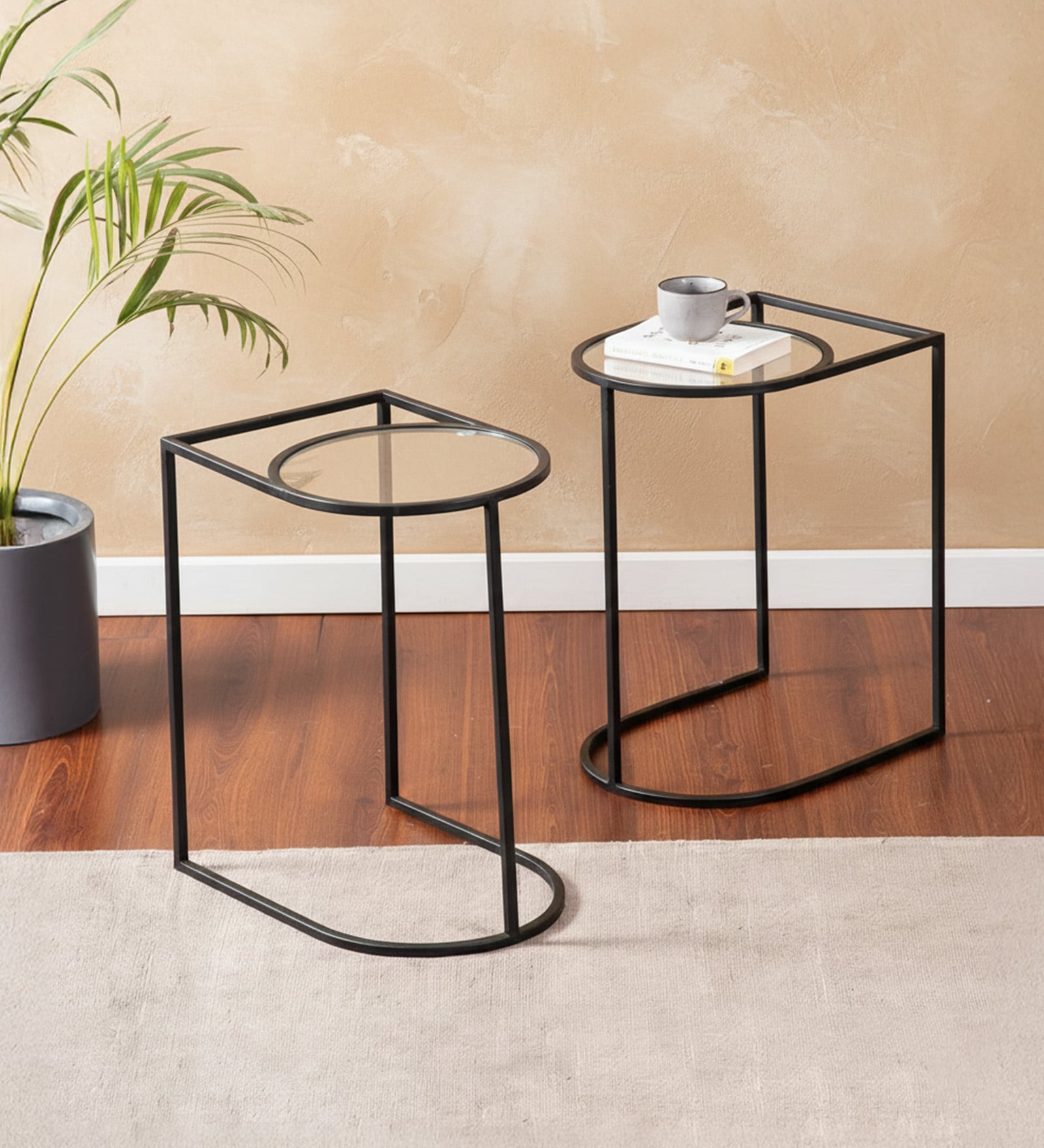 Contemporary Metallic Magazine End Table in Black Finish Set of 2
