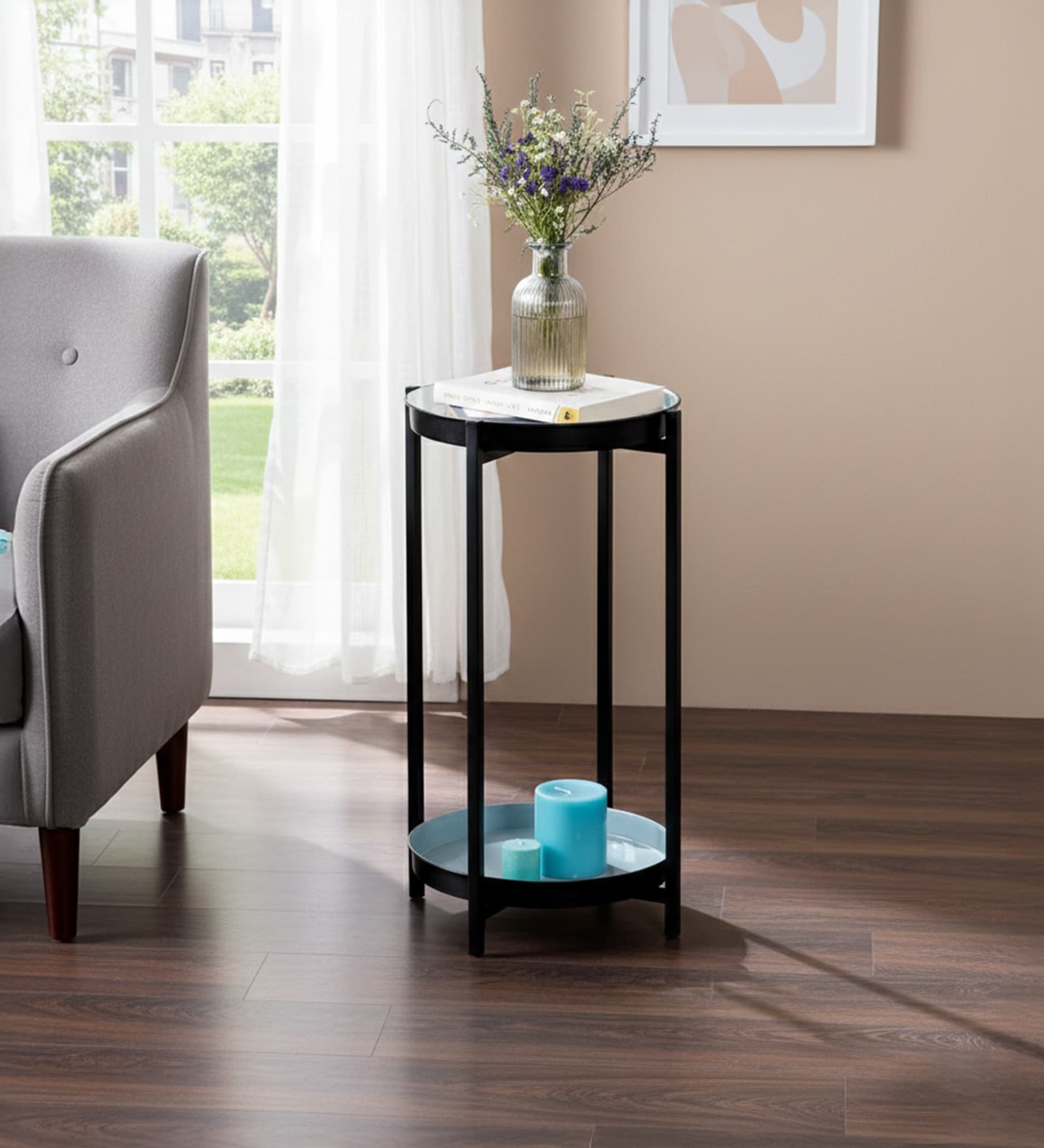 Contemporary Metallic Tiered End Table in Blue & Black Finish