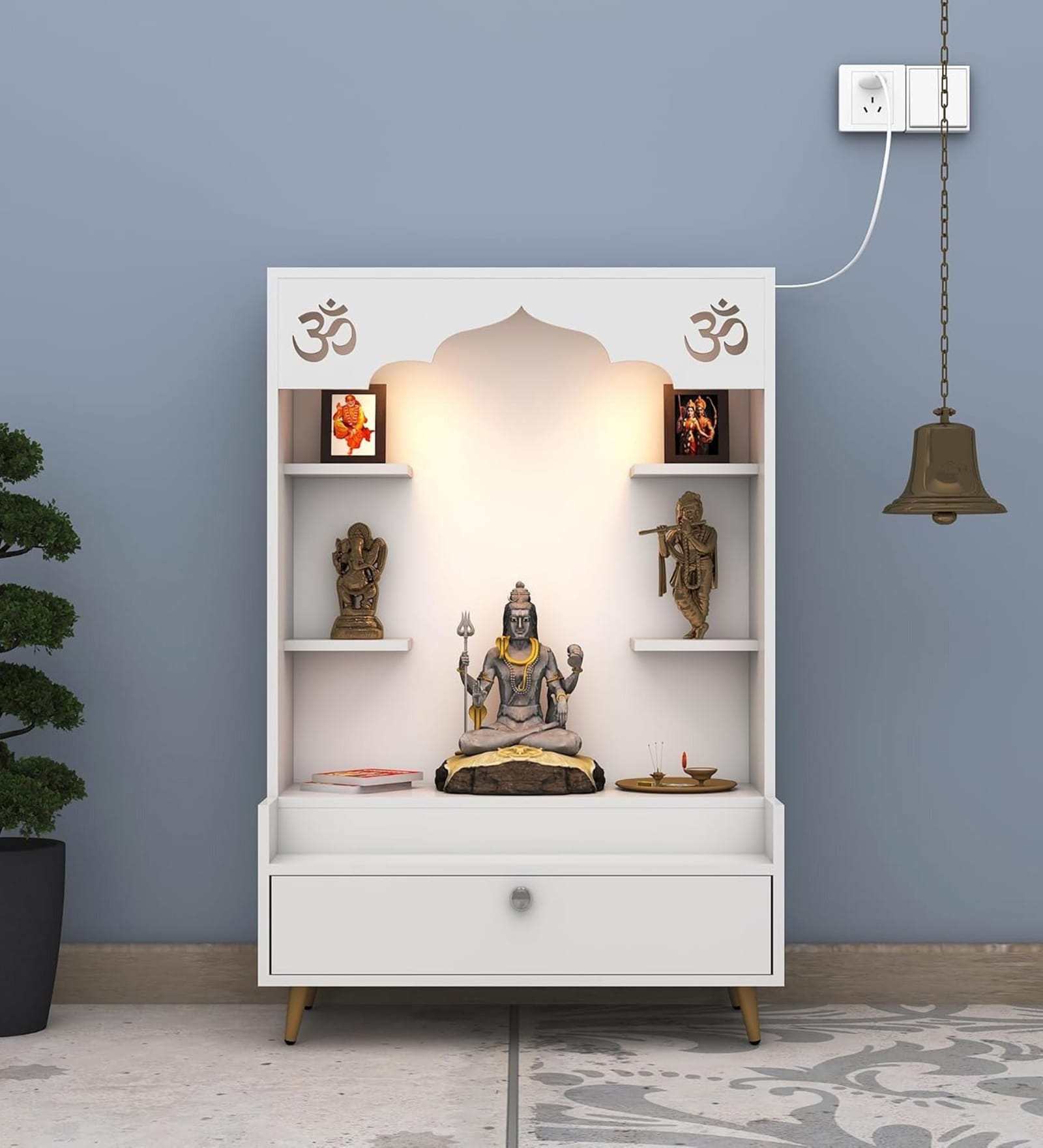 Contemporary White Wooden Floor Pooja Mandir with Open Shelves Om Engraving With Storage Drawer