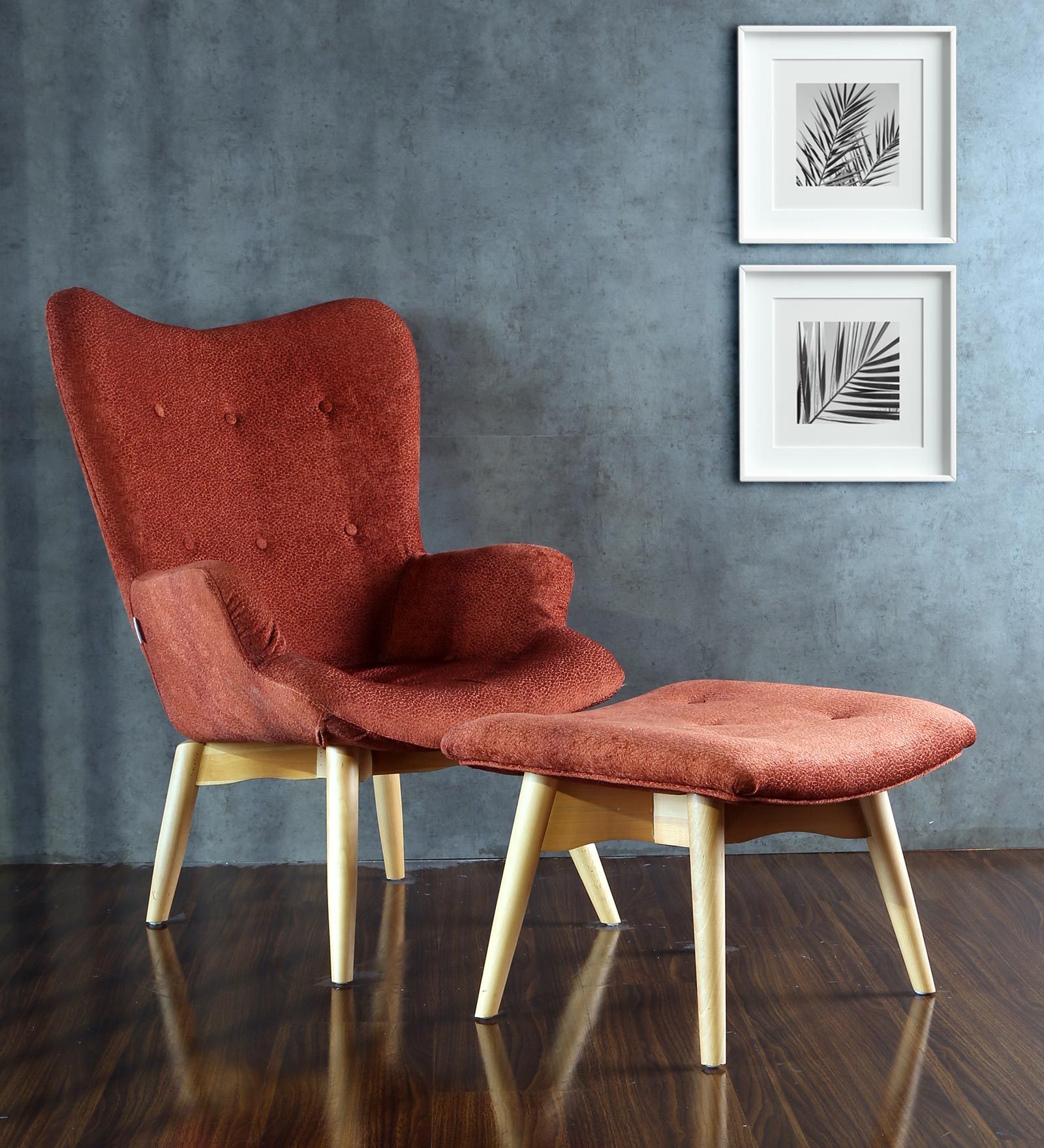Contour Wing Chair With Foot Stool In Rust Colour