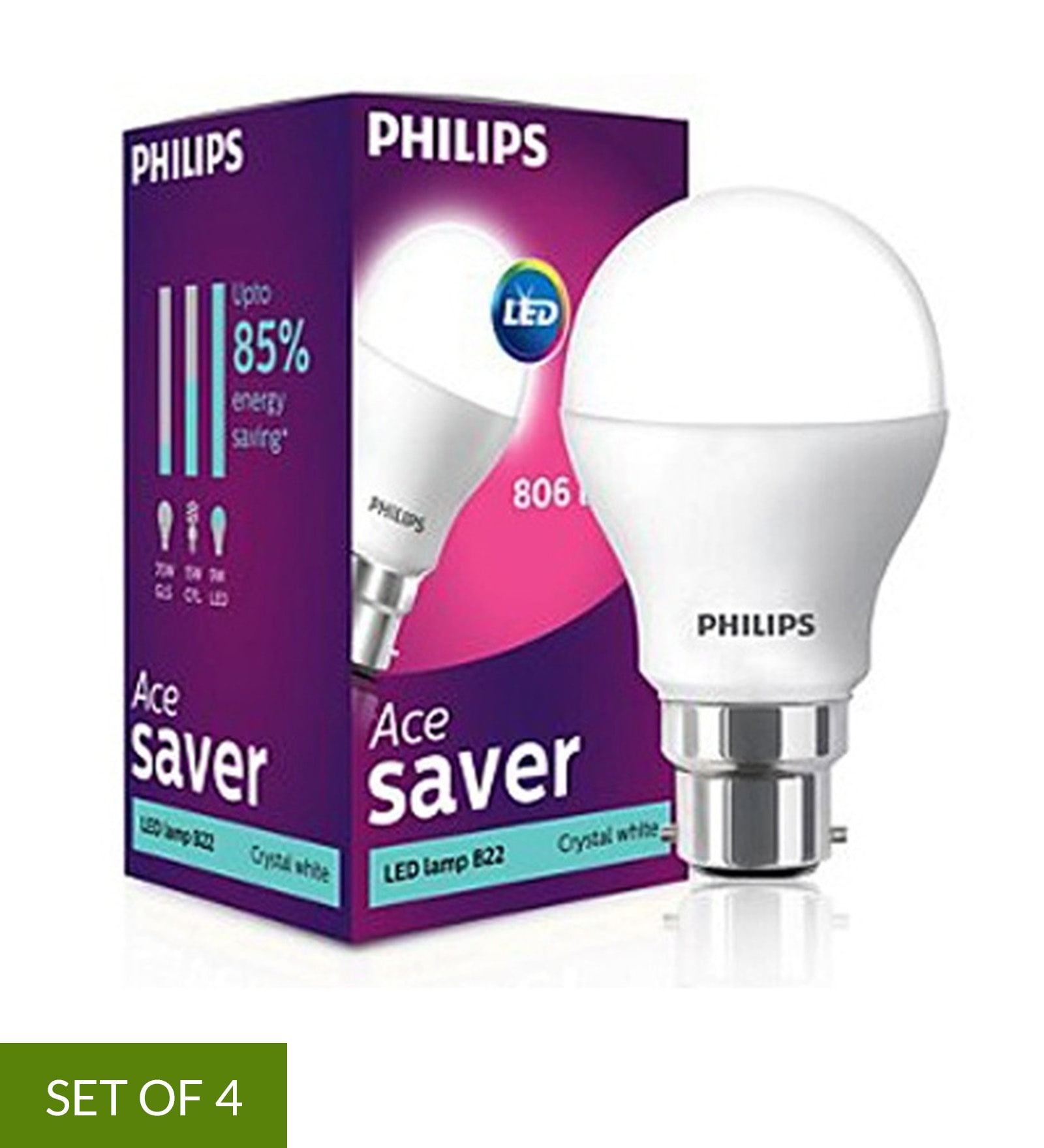 9 Watt B22 Cool Day Light LED Bulb, Set of 4