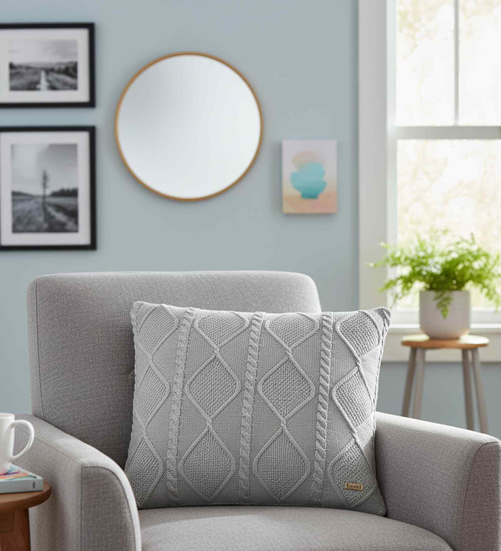 Cool Grey 100% Cotton Cable Moss 16X16 Inches Knitted Cushion Cover