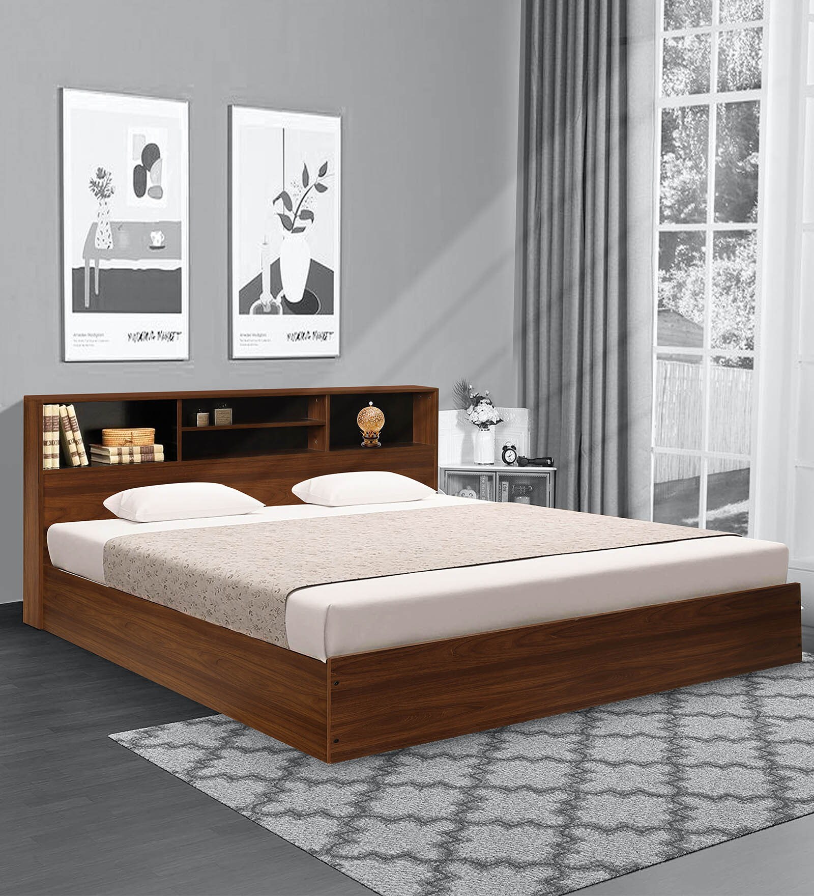 Copal Queen size Bed with Box Storage in Teak Finish Copal Queen size Bed with Box Storage in Teak Finish