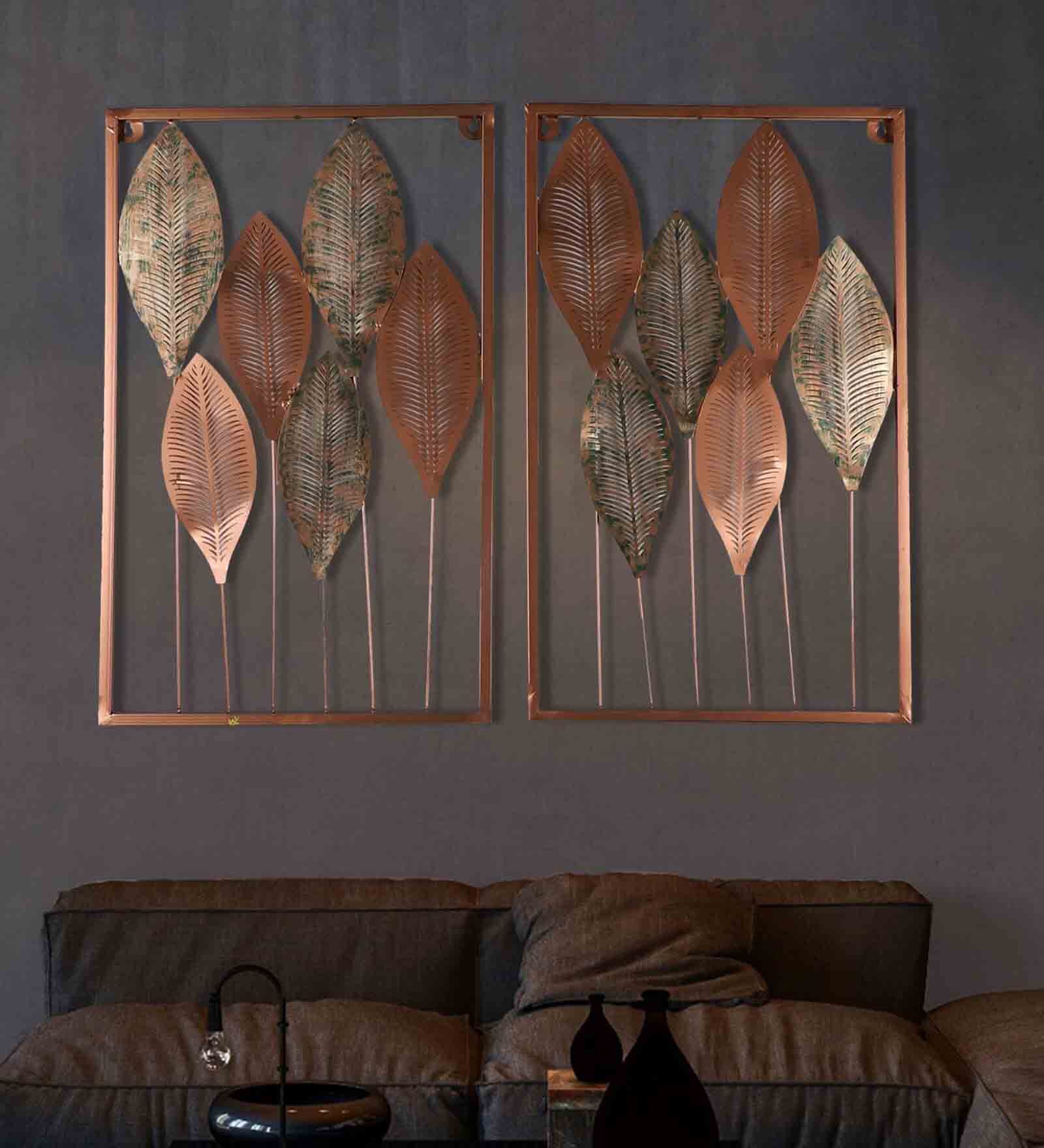 Rectangular Copper & Green Etching Leaves Wall D cor Set of 2
