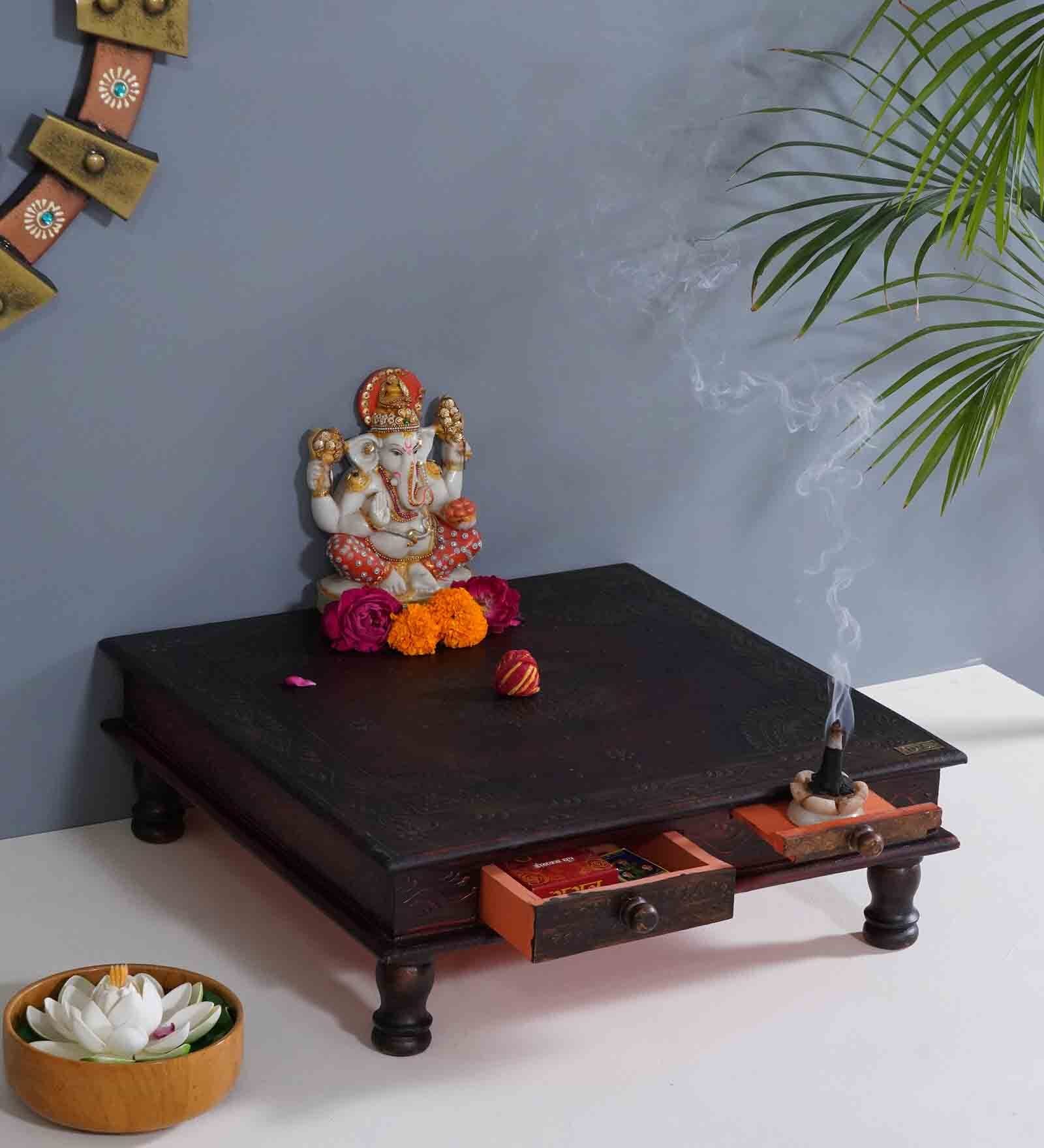 Copper Big MDF & Sheesham Wooden Pooja Chowki with Drawer