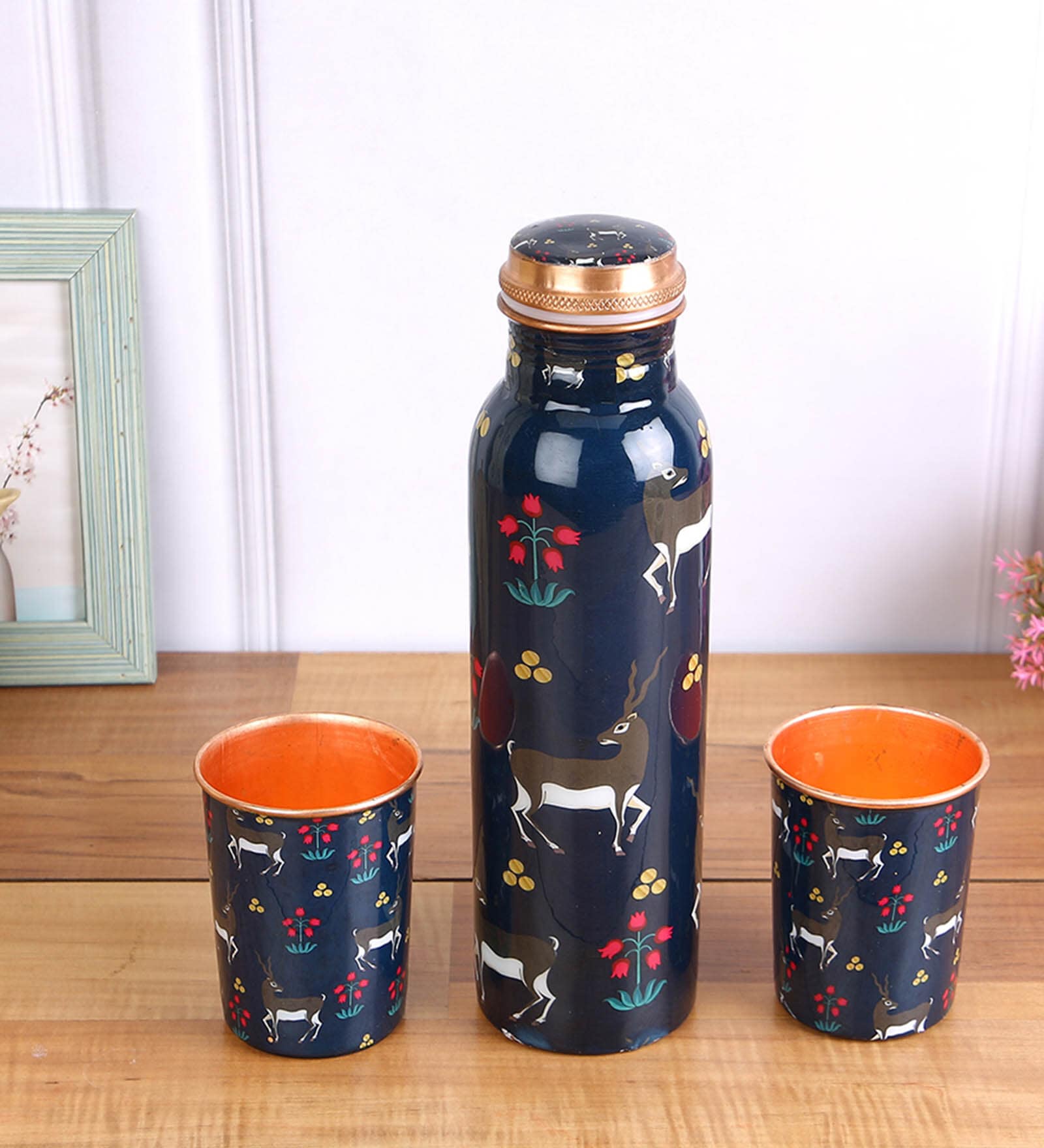 Set Of 3 Copper Bottle And Glass Set With Navy Blue & Grey Deer Print