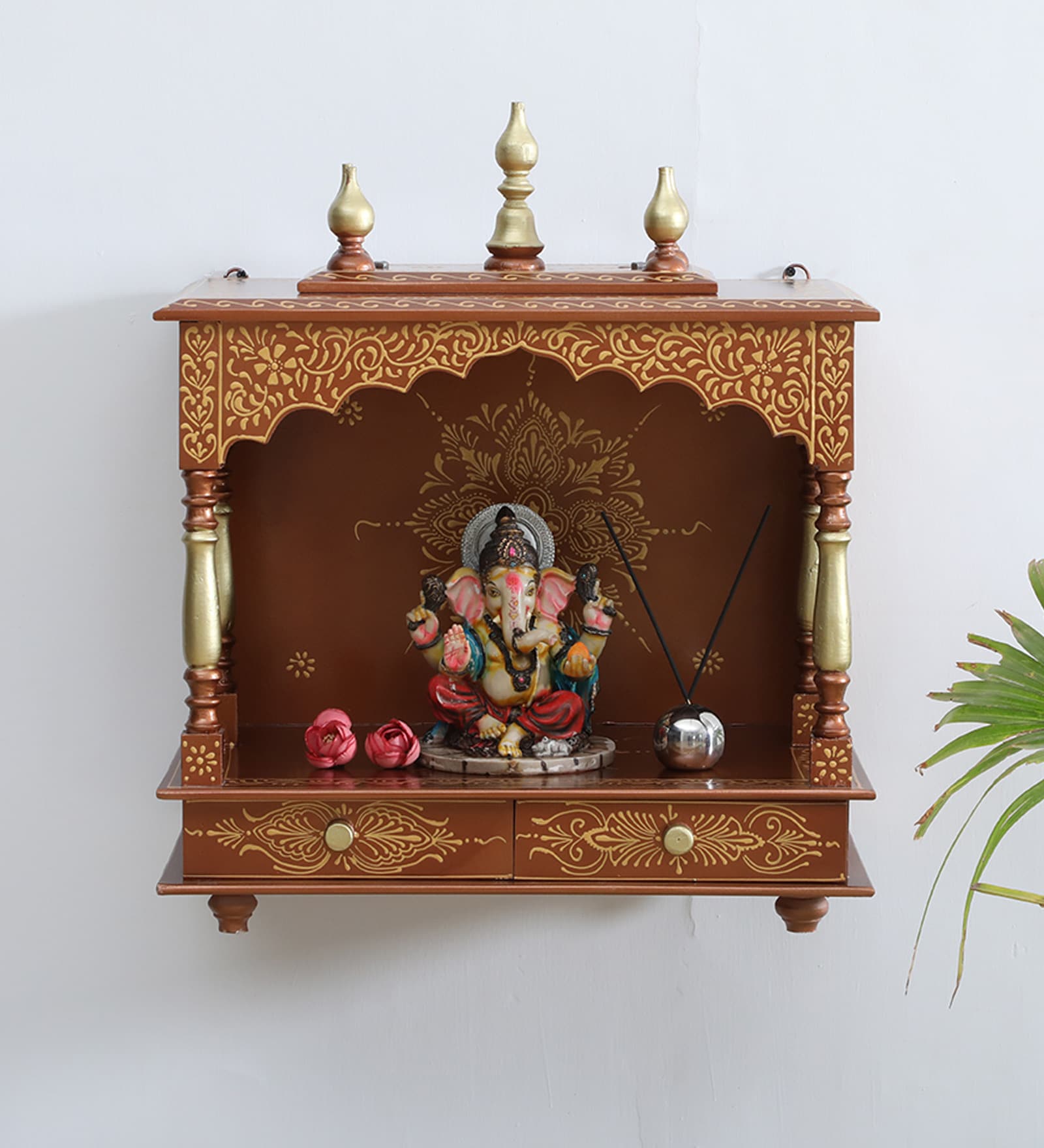 Copper Colored Wood Wall Mounted Mandir Without Door
