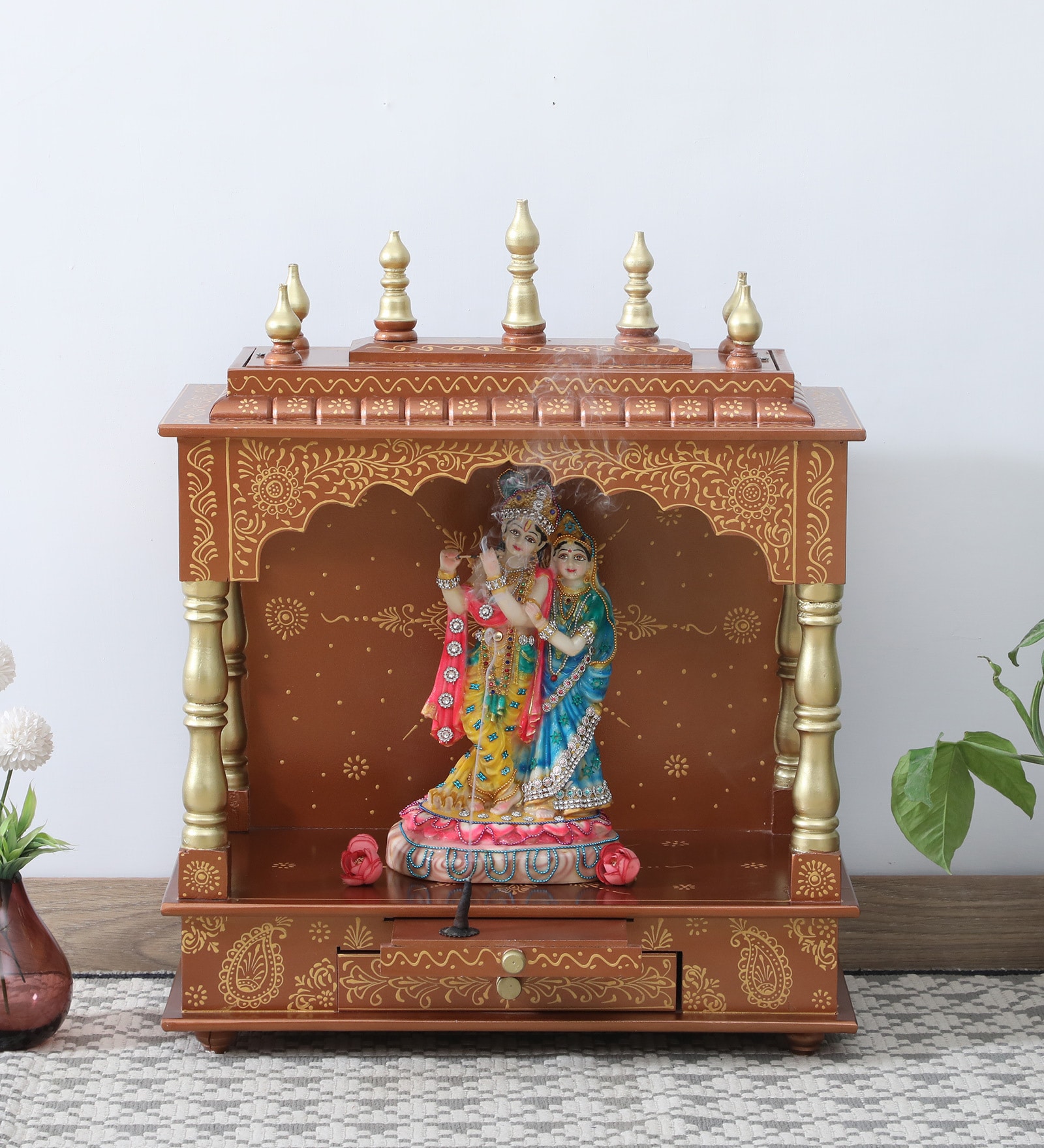 Copper Colored Solid Wood Floor Rested Mandir Without Door
