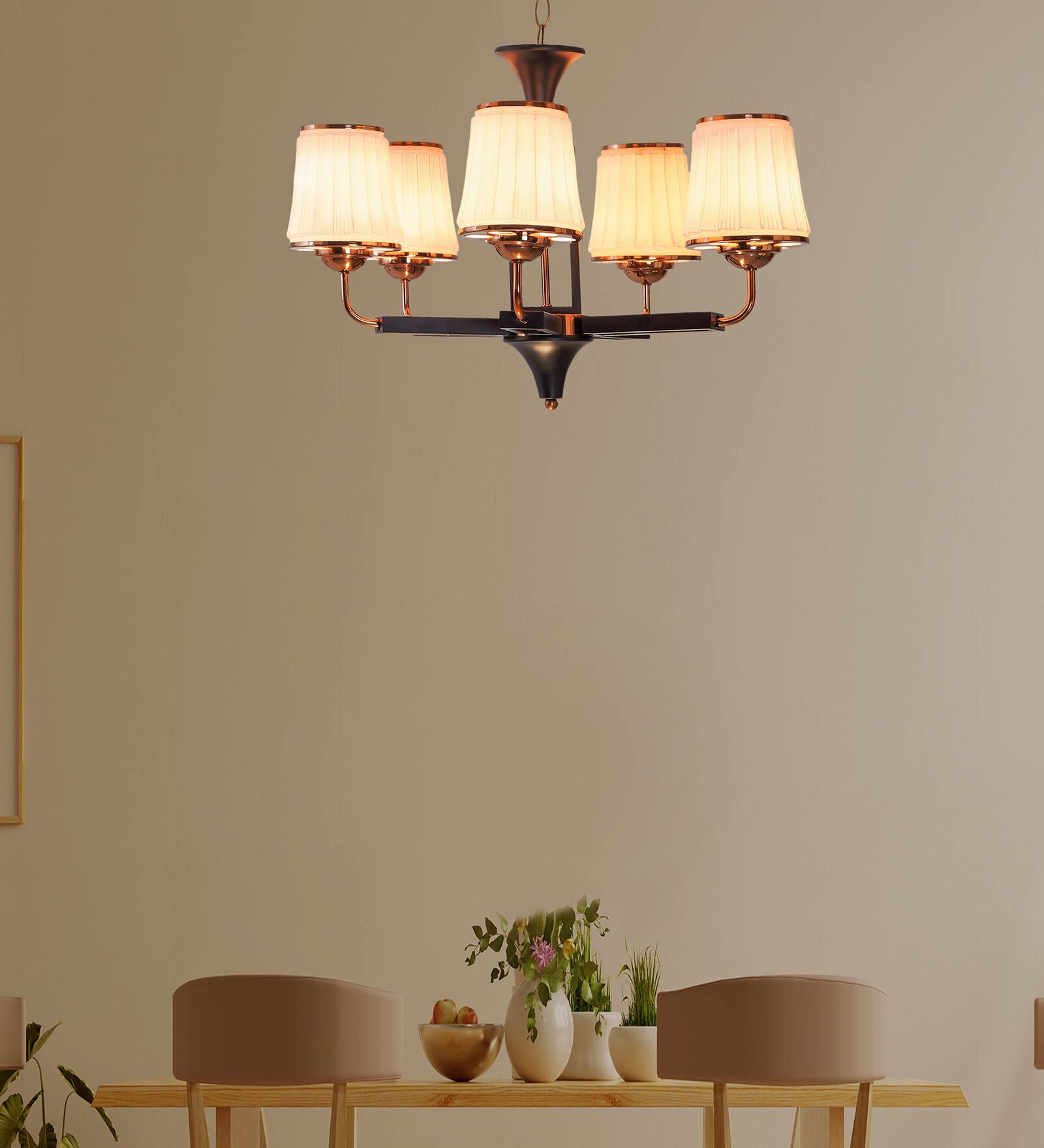 Copper Metal & Wood Shaded Chandelier