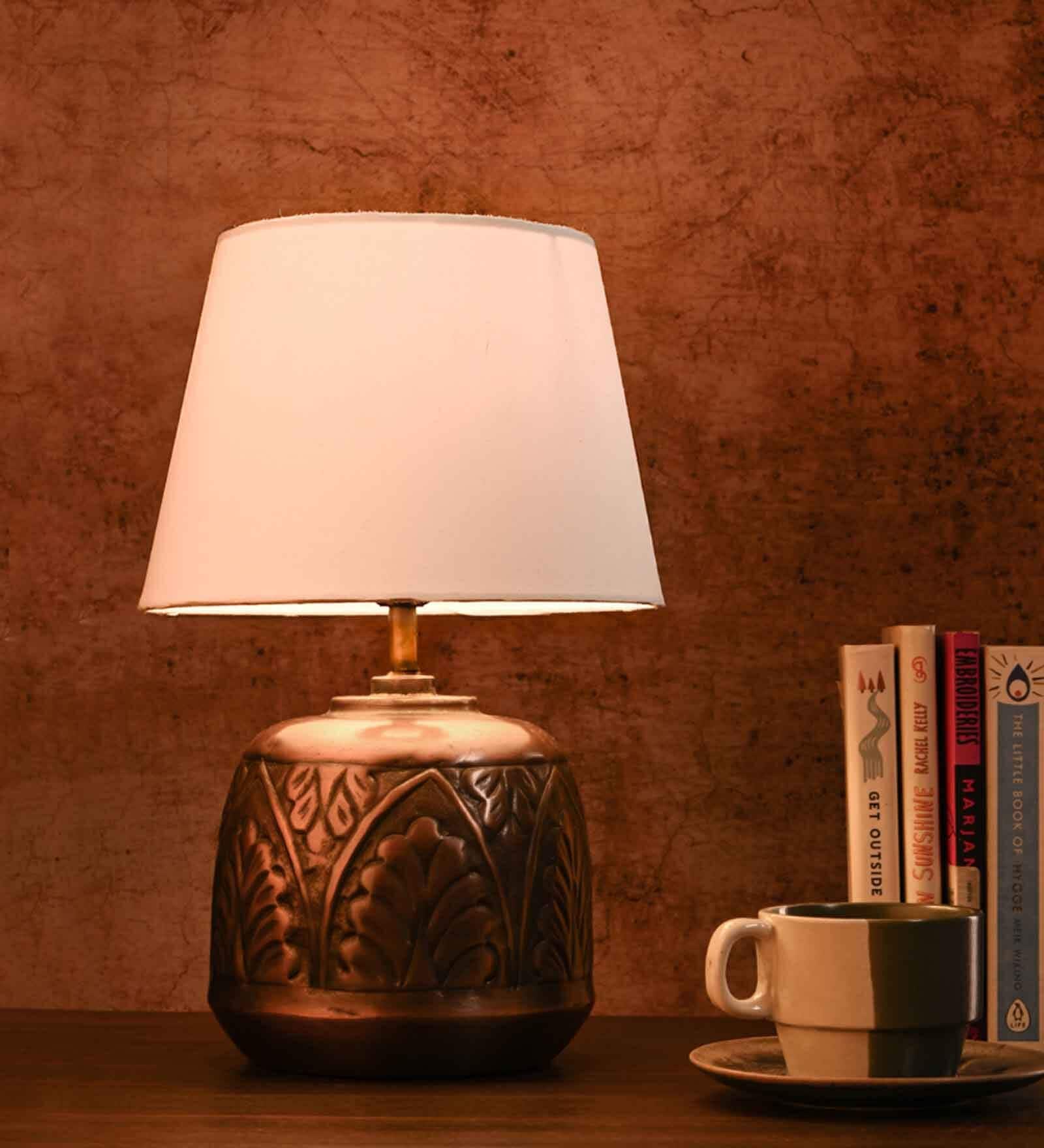 Copper Leaf Etched Pot Lamp with Solid Taper White Shade