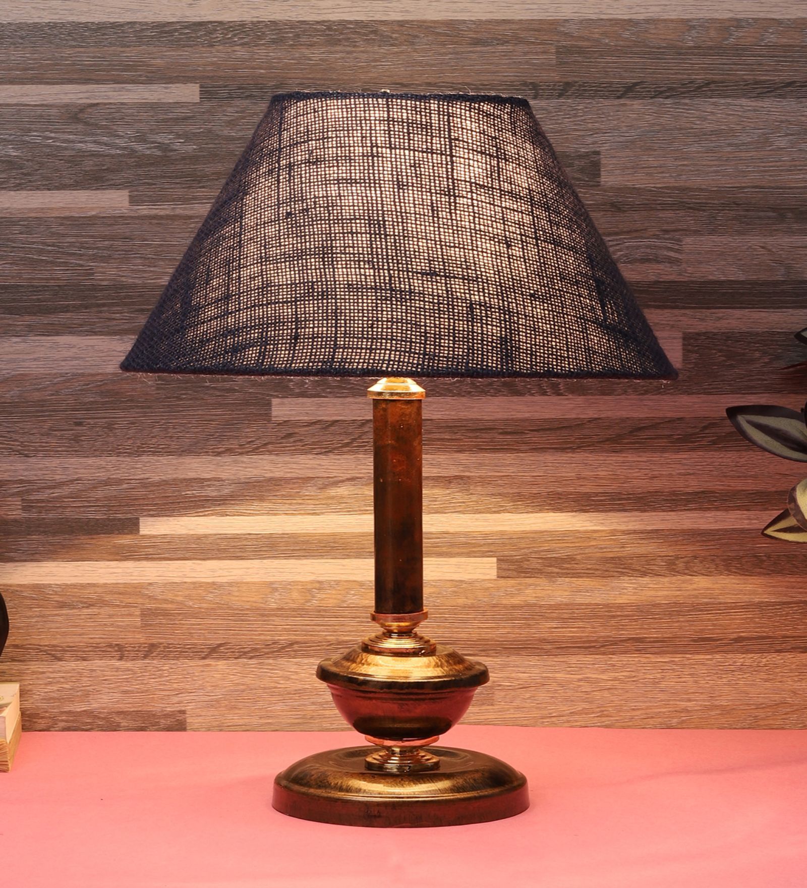 Copper Metal & Natural Fiber Blue Colour Table Lamp