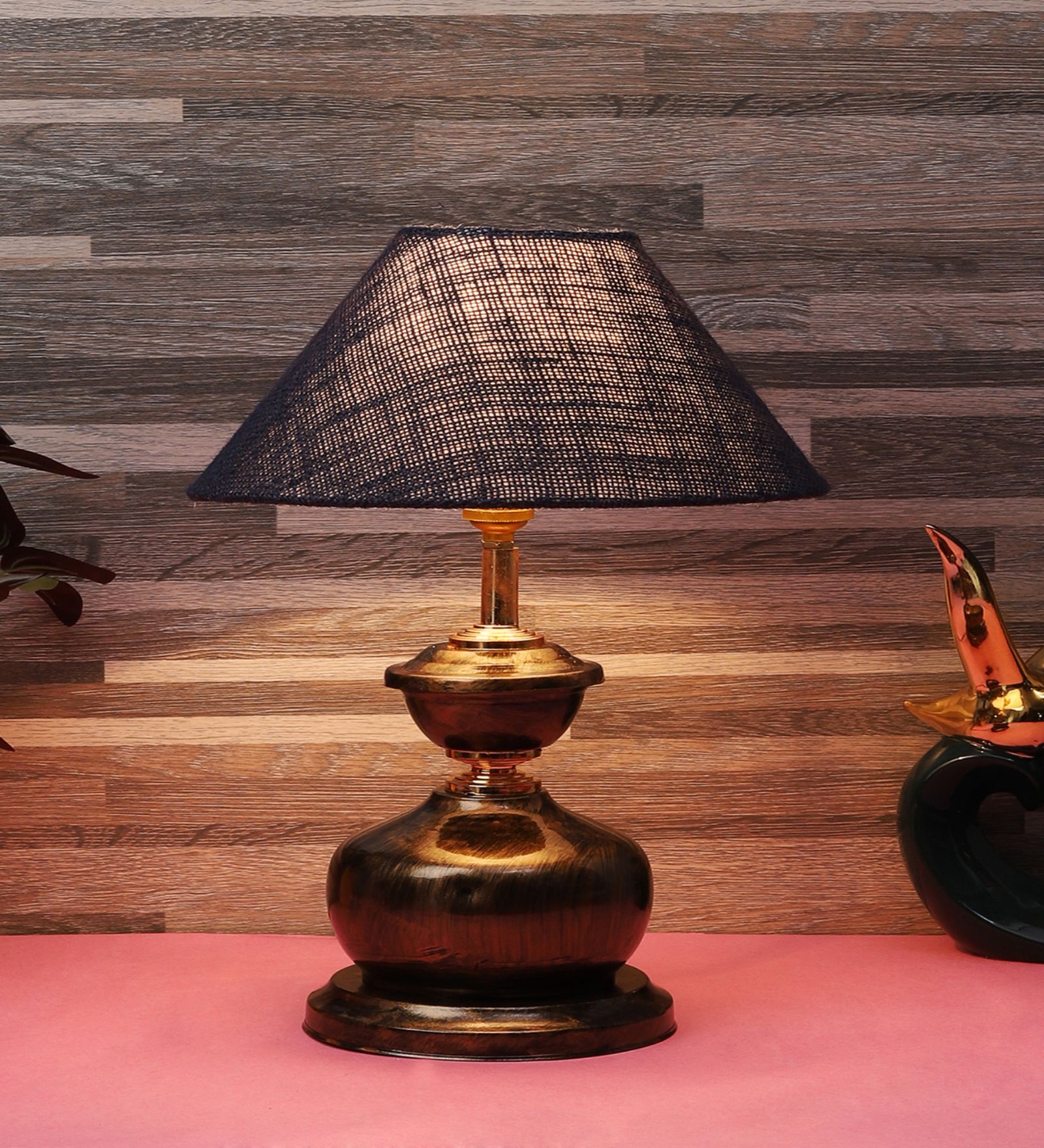 Copper Metal & Natural Fiber Blue Colour Table Lamp