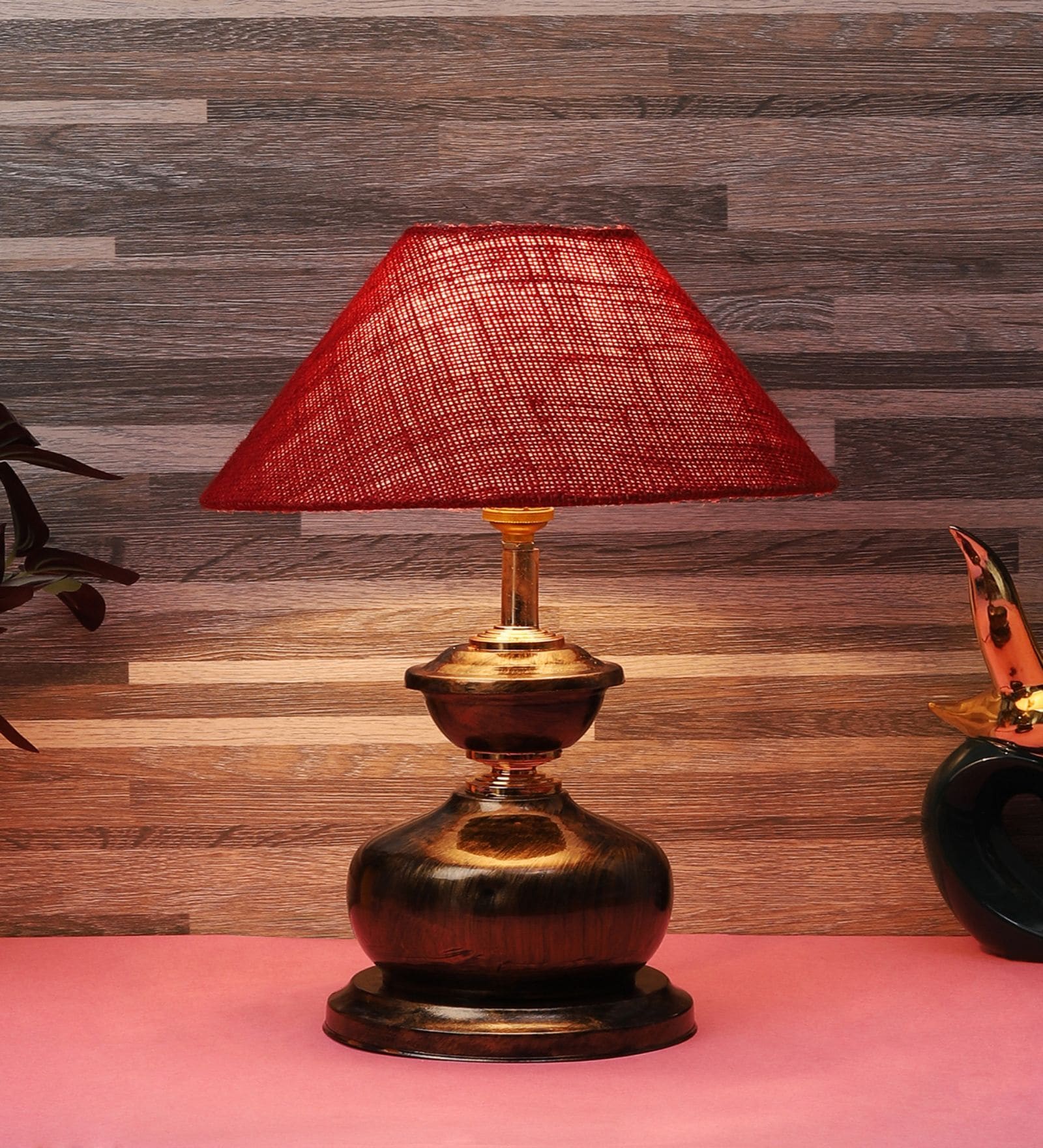 Copper Metal & Natural Fiber Maroon  Colour Table Lamp