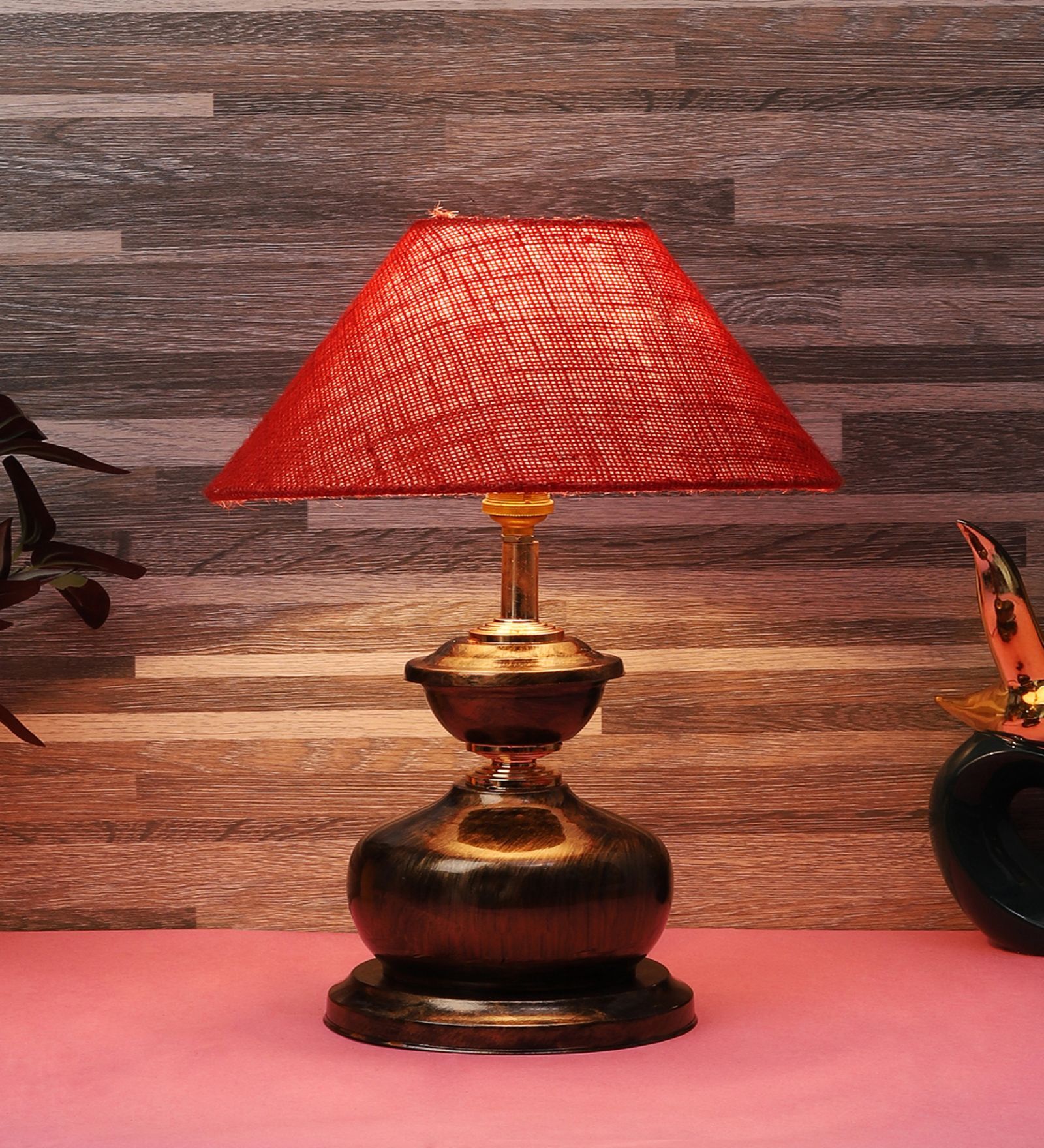 Copper Metal & Natural Fiber Red Colour Table Lamp Copper Metal & Natural Fiber Red Colour Table Lamp