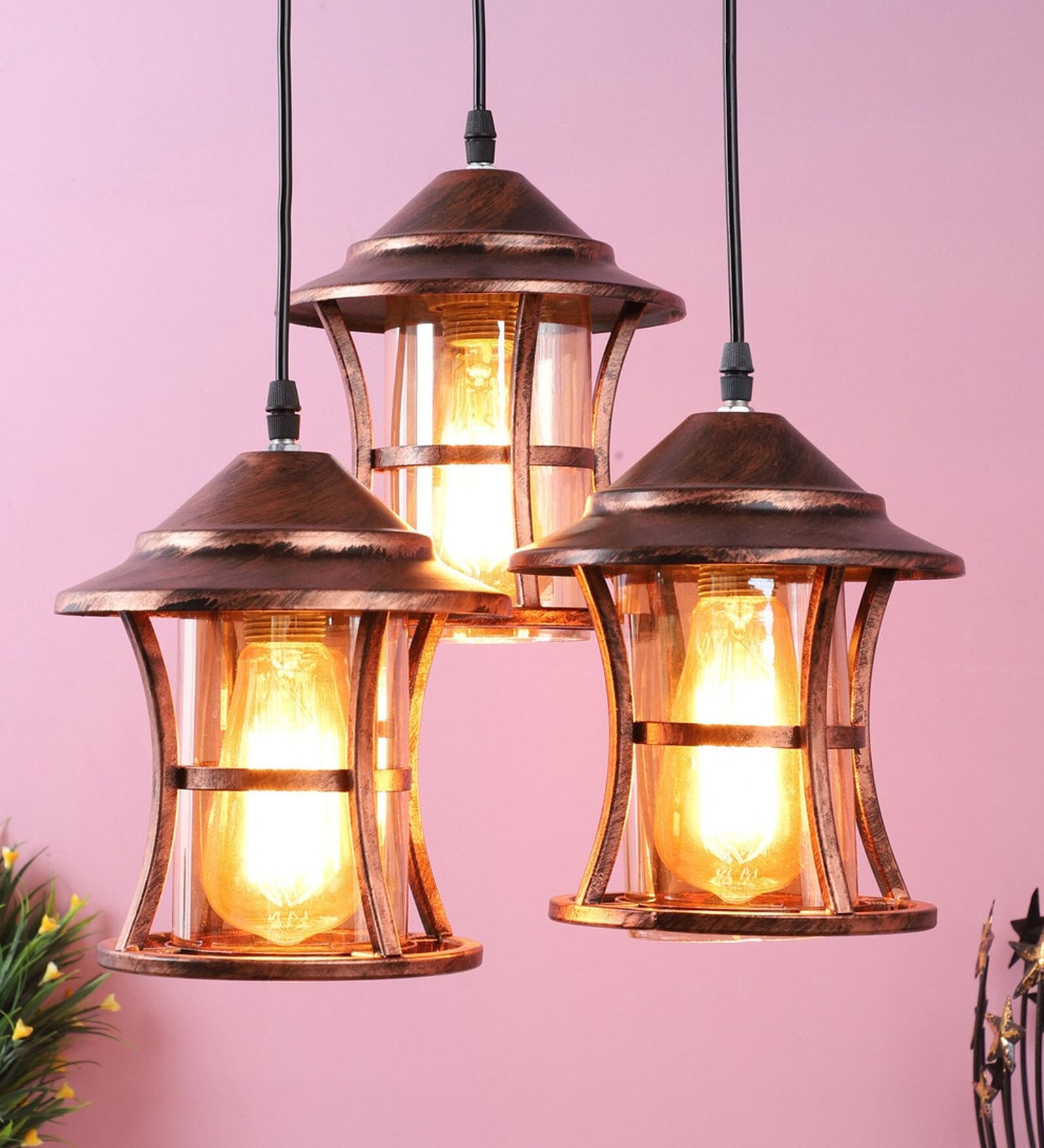 Kwan Copper Metal and Glass Cluster Hanging Light