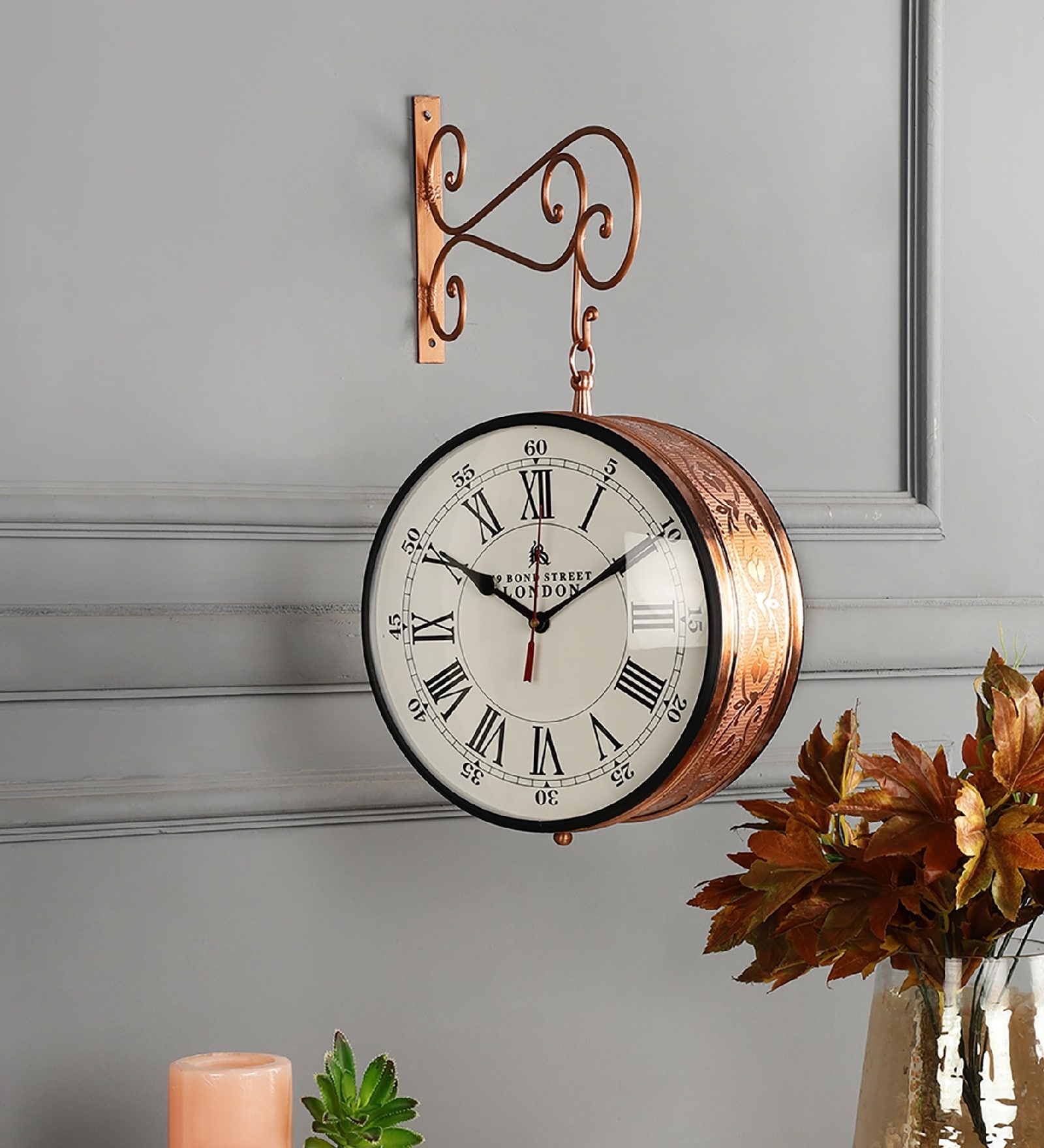 Copper Metallic Carving Station Clock