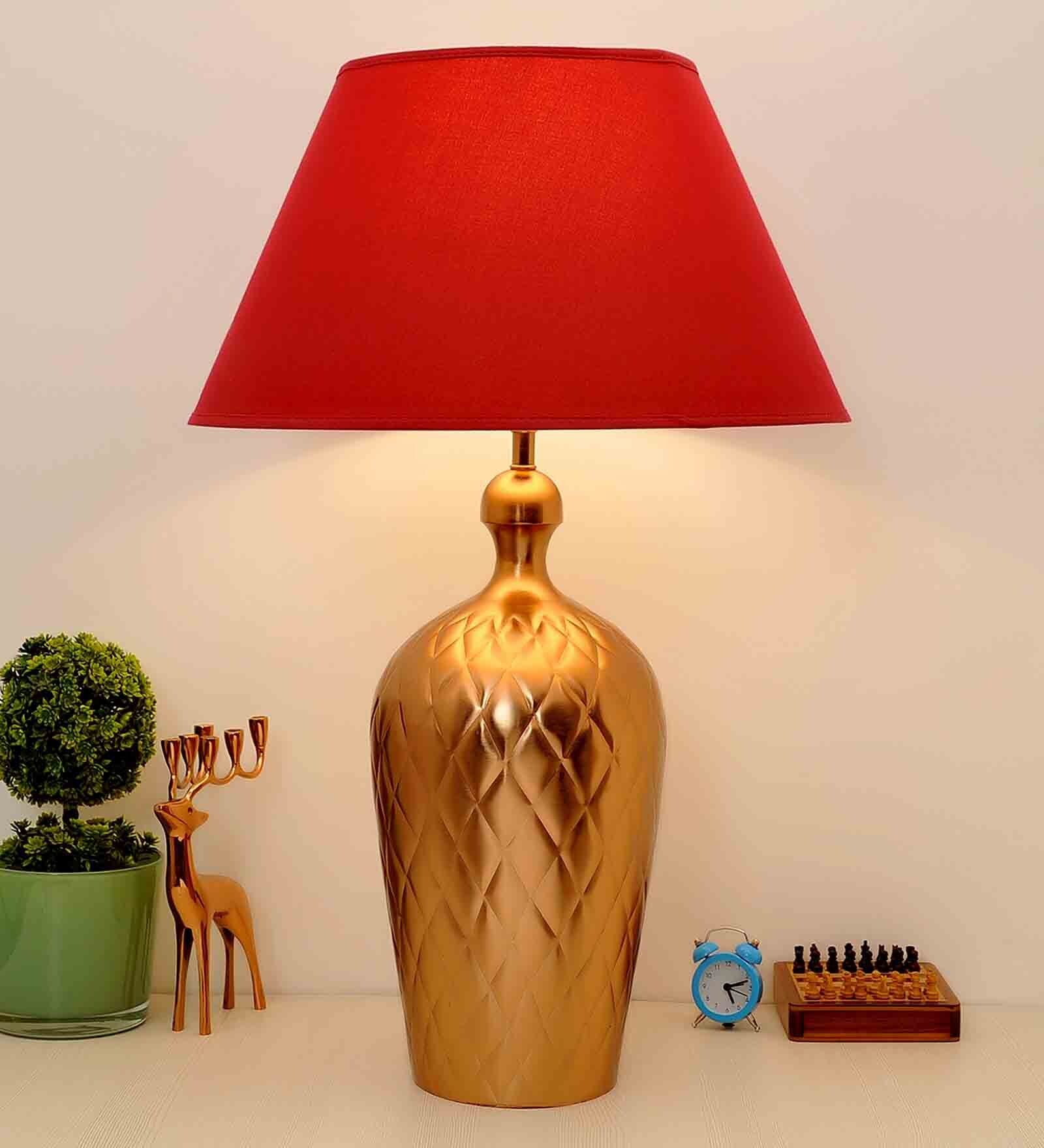 Buy Copper Petal Big Size Maroon Cottan Fabric Shade Table Lamp With ...