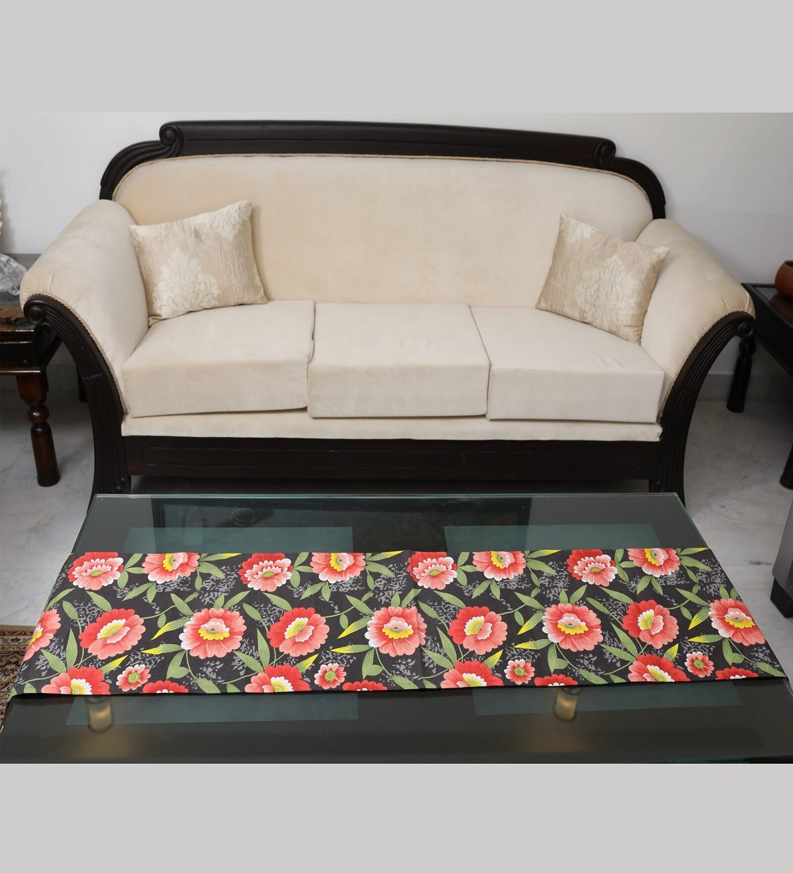 Floral Passion (72x13) Coral & Black Cotton Table Runner