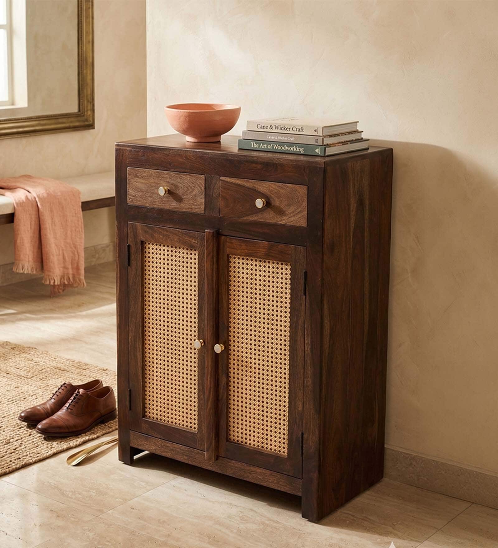 Coral Cane Wooden 2 Door Shoe Rack In Brown Finish