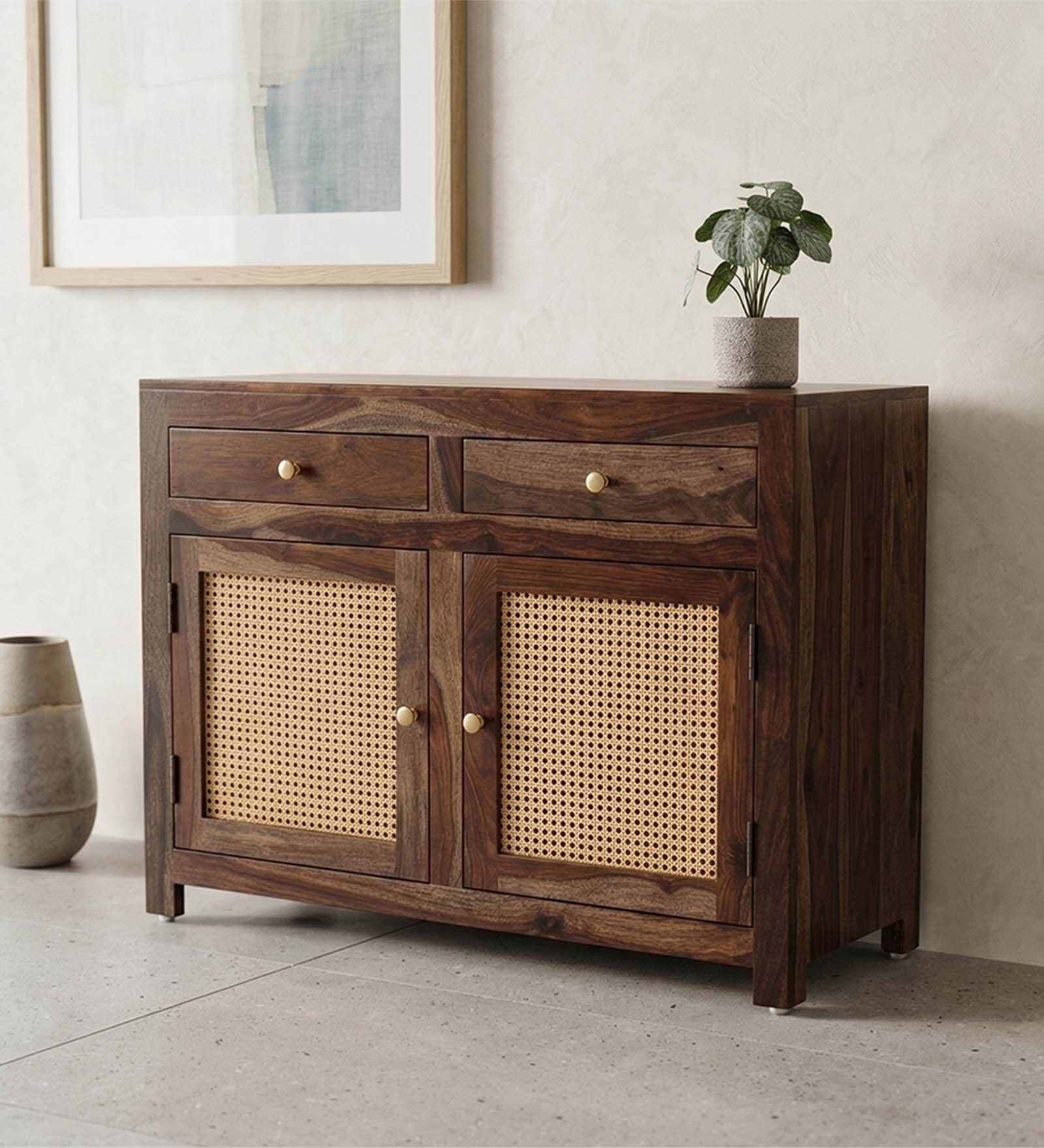 Coral Cane Wooden 2 Door Side Board In Brown Finish