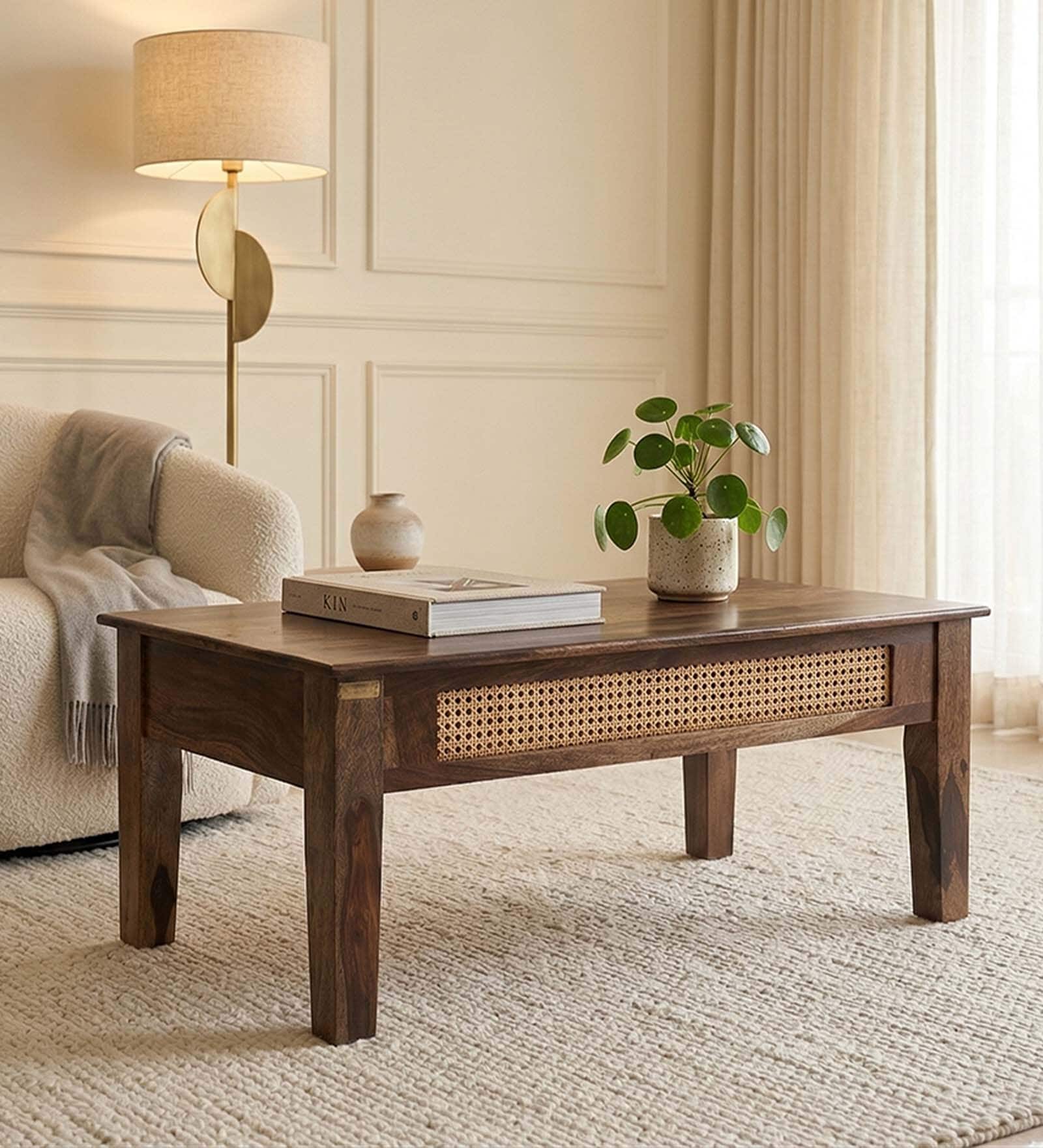 Coral Cane Wooden Coffee Table In Brown Finish