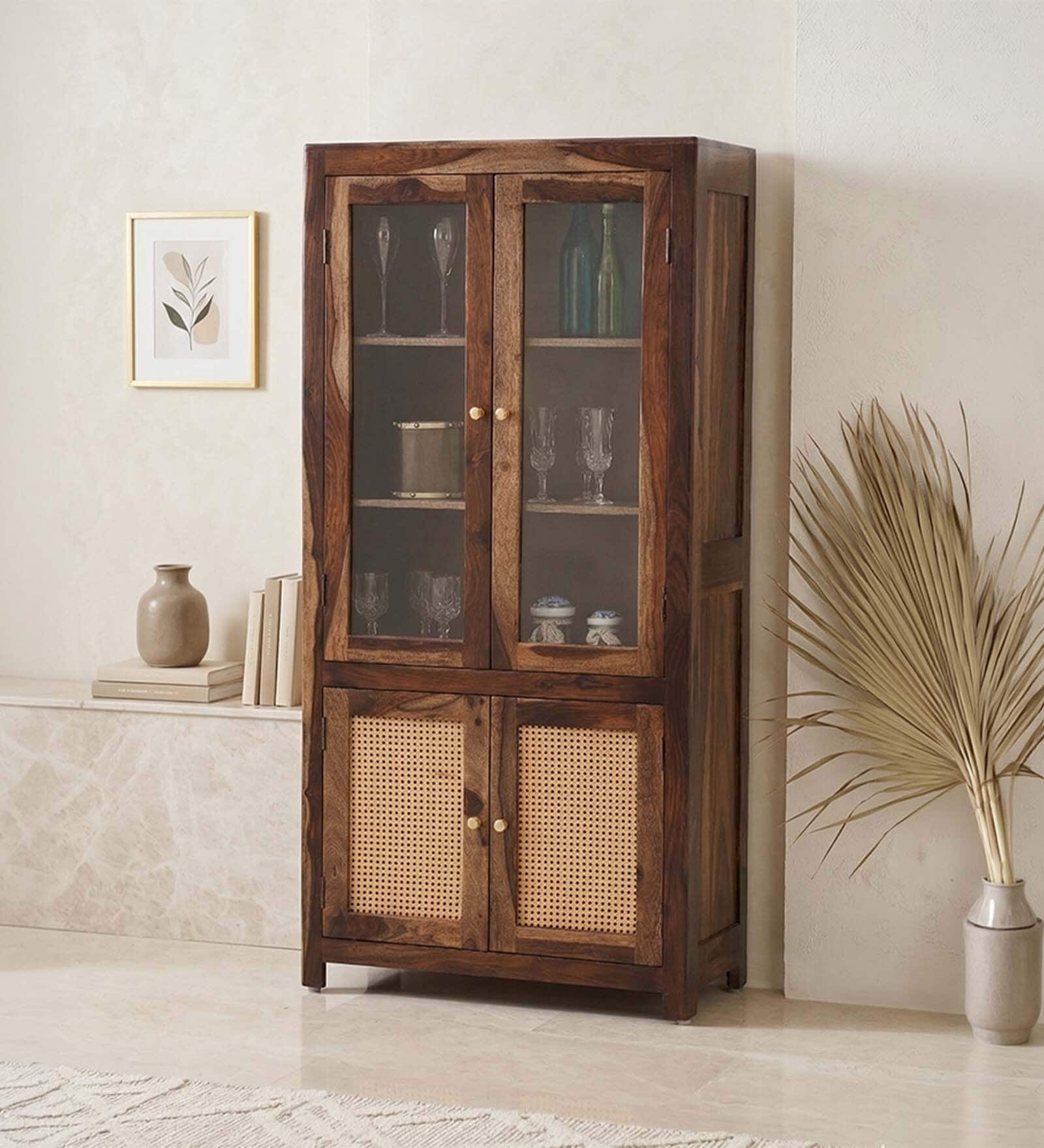 Coral Cane Wooden Crockery Unit In Brown Finish