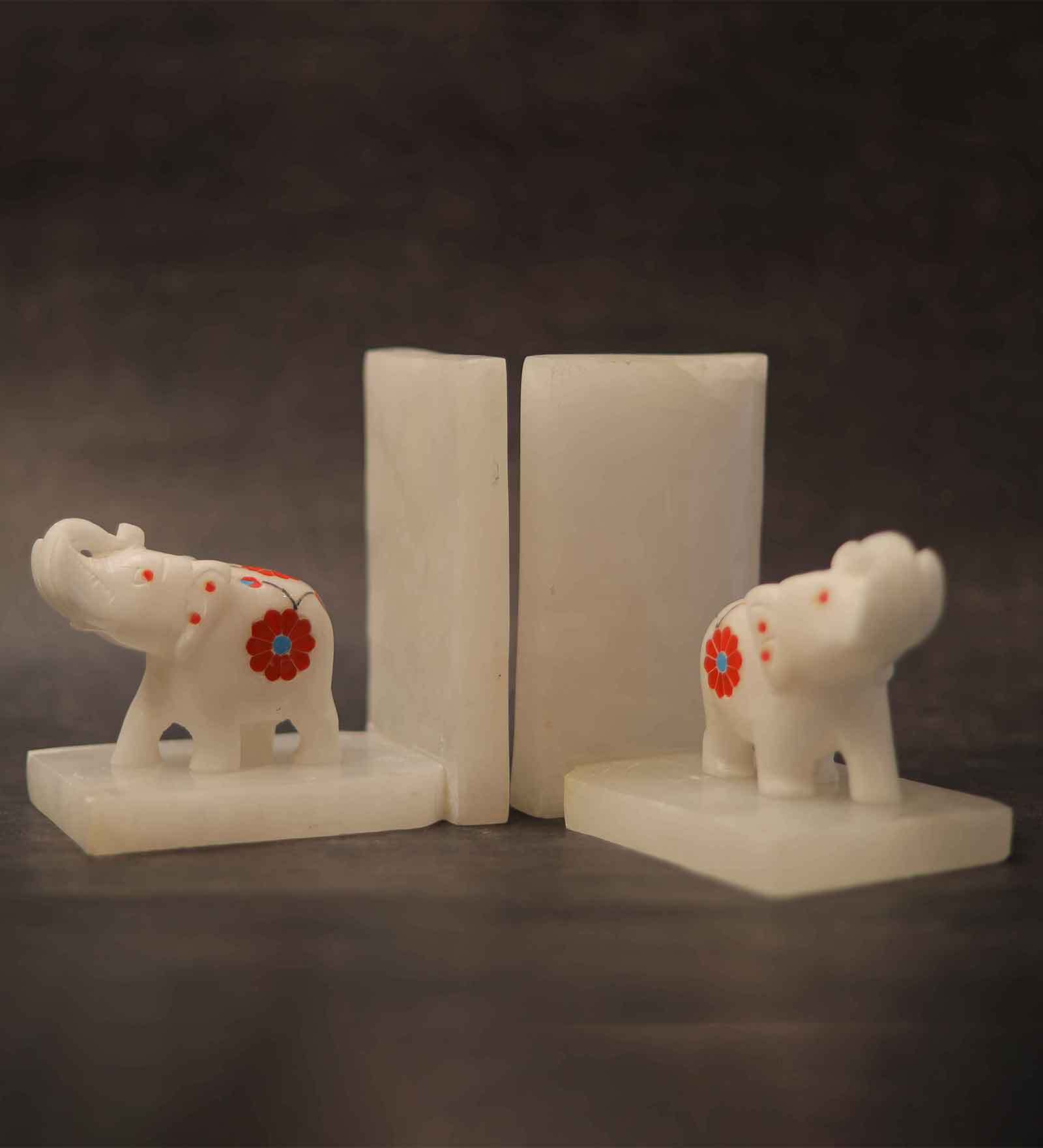 Coral Elephant Set Of 2 White Marble & Semi Precious Stone Bookends