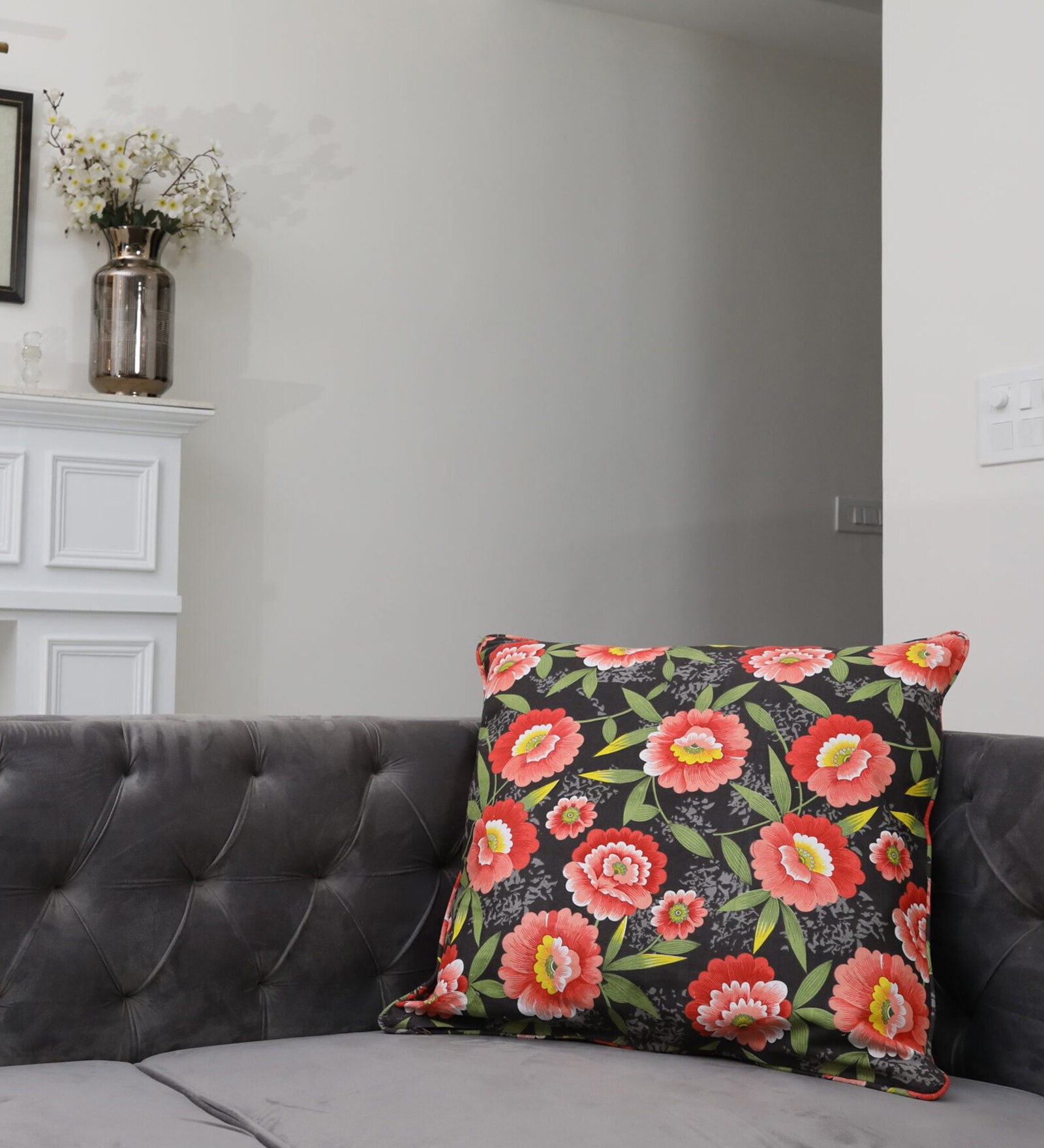 Coral Floral 100% Cotton 16 x 16 Inches Cushion Cover