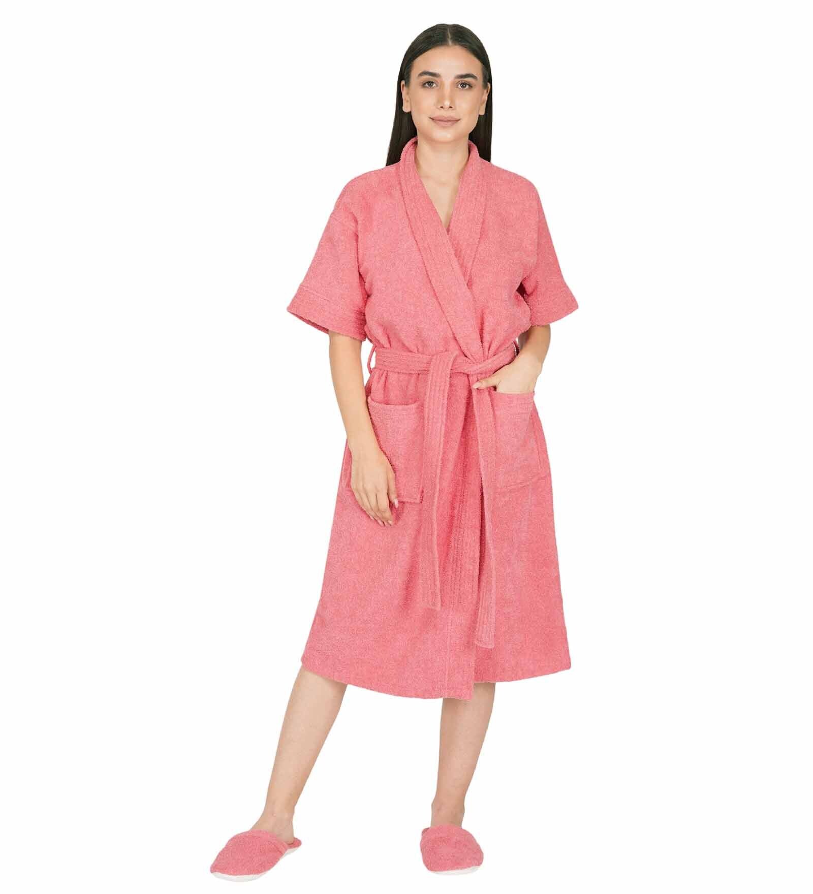 Coral Solid 100% Cotton Unisex Bathrobe With Slippers (L)