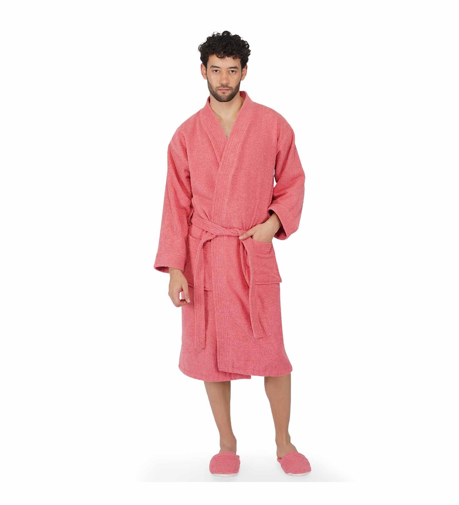 Coral Solid 100% Cotton Unisex  Bathrobe With Slippers (XL)