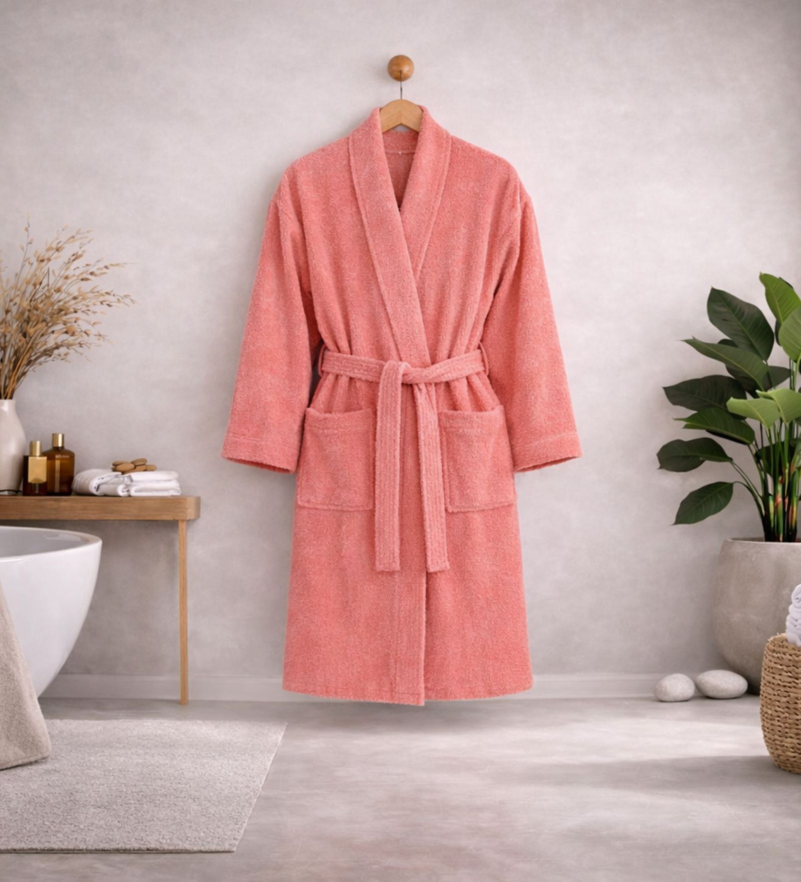 Coral Solid Cotton Men Bath Robe With Belt (L)