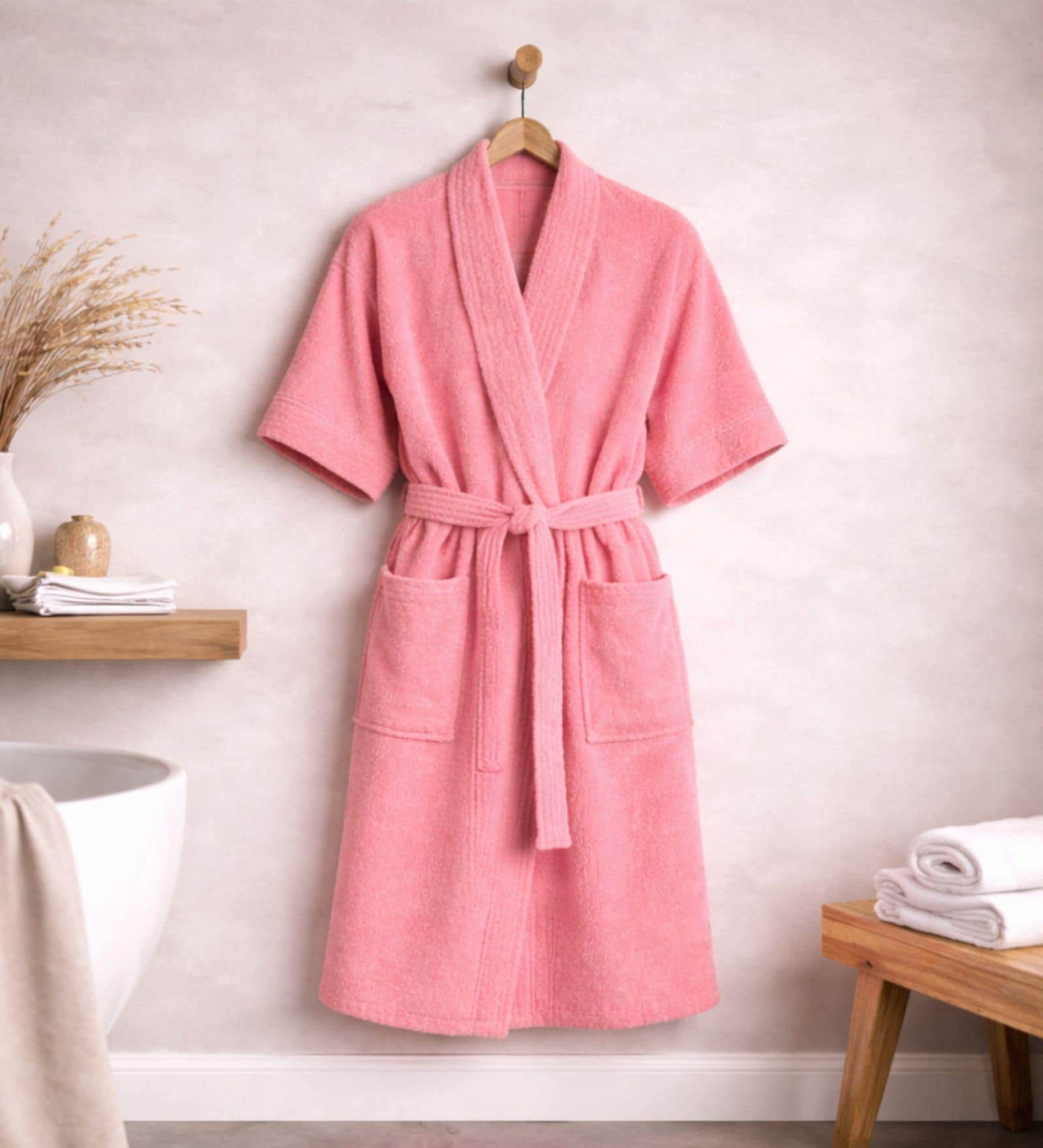 Coral Solid Cotton Women Bath Robe With Belt (L) Coral Solid Cotton Women Bath Robe With Belt (L)