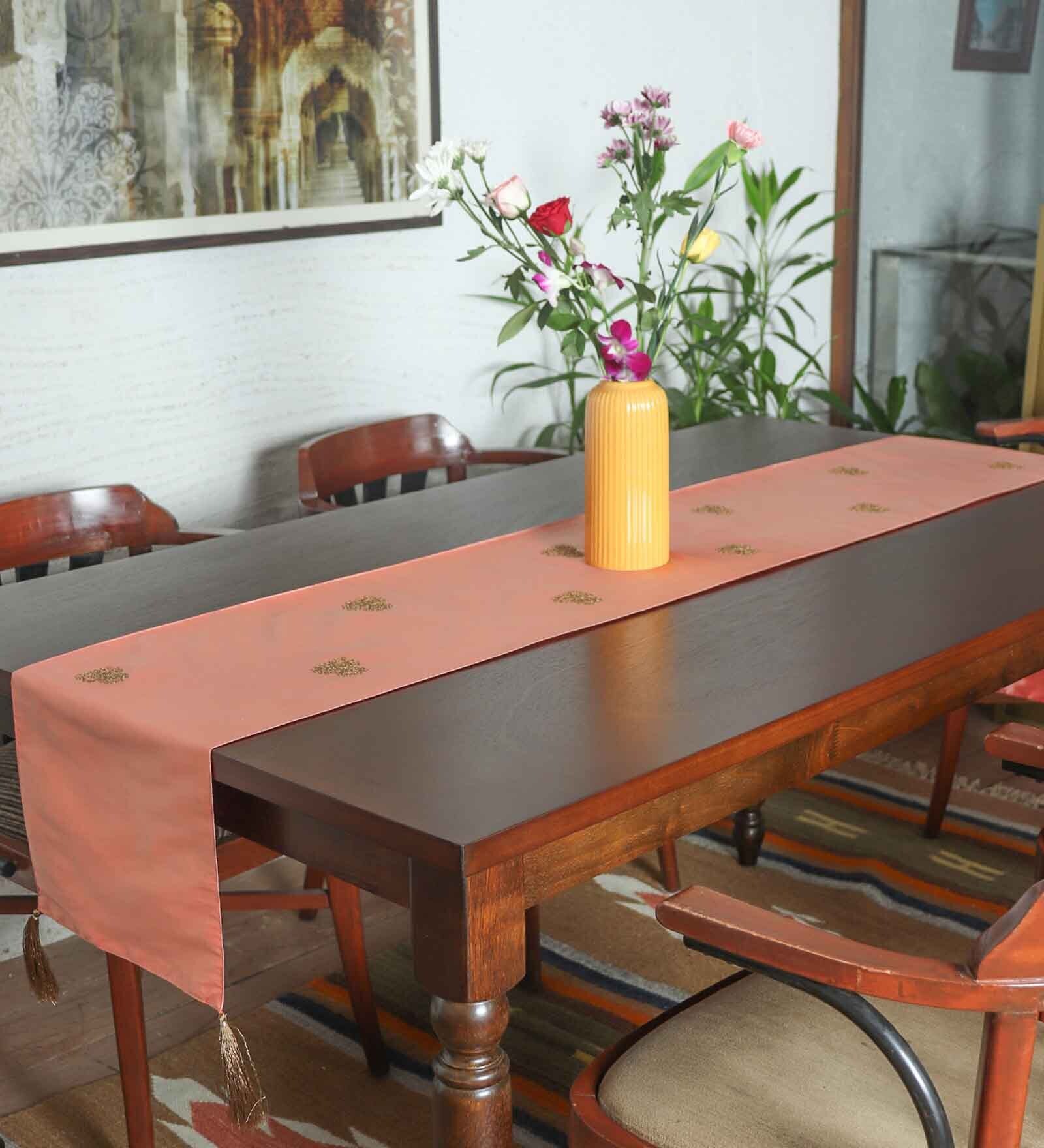 Coral with Gold Floral Polyester (12 x84)  Hand Embroidered Motif and Tassels Table Runner