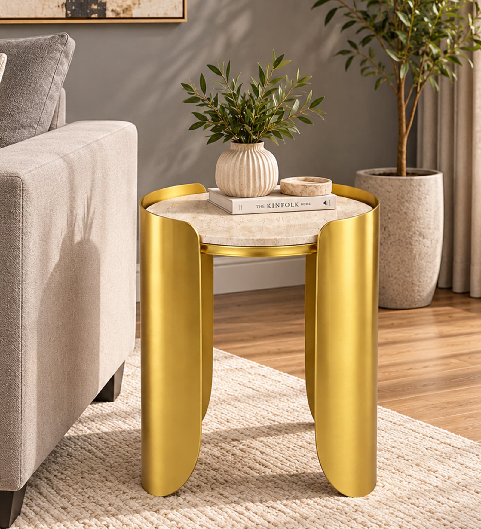 Cordelia Side Table in Electroplatting Finish with Travertine Proreciline Top Cordelia Side Table in Electroplatting Finish with Travertine Proreciline Top