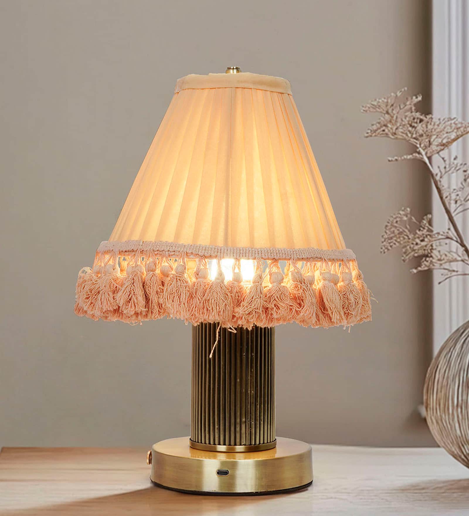 Cordless Dimmable Touch Table Lamp with Pleated Camel Fabric Shade | Antique Brass Finish