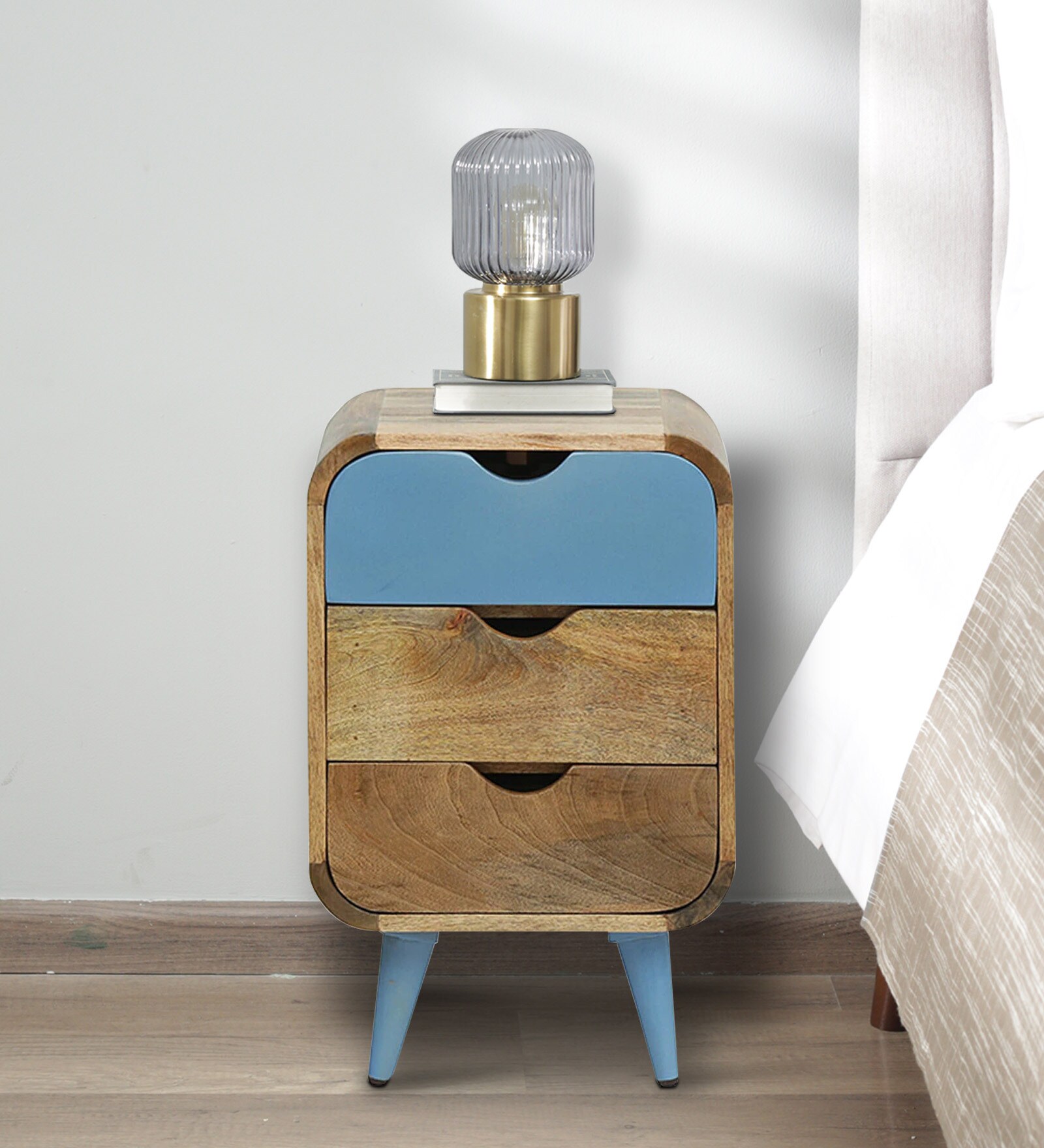Corky Solid Wood Bedside Table In Blue Colour With Drawers