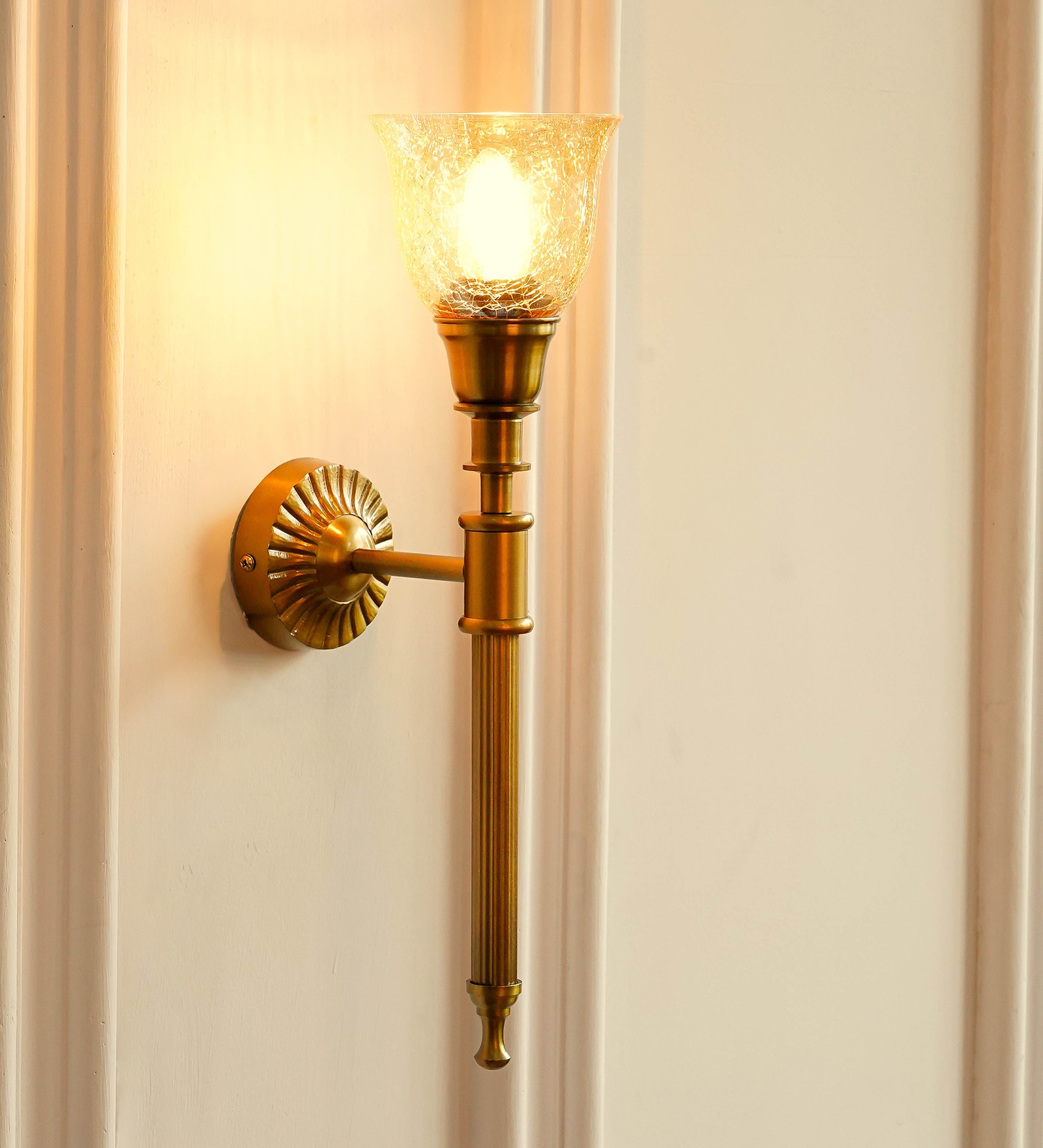 Corrugated Wall Lamp Brass Antique Finish with Cup Crackled Glass Shade