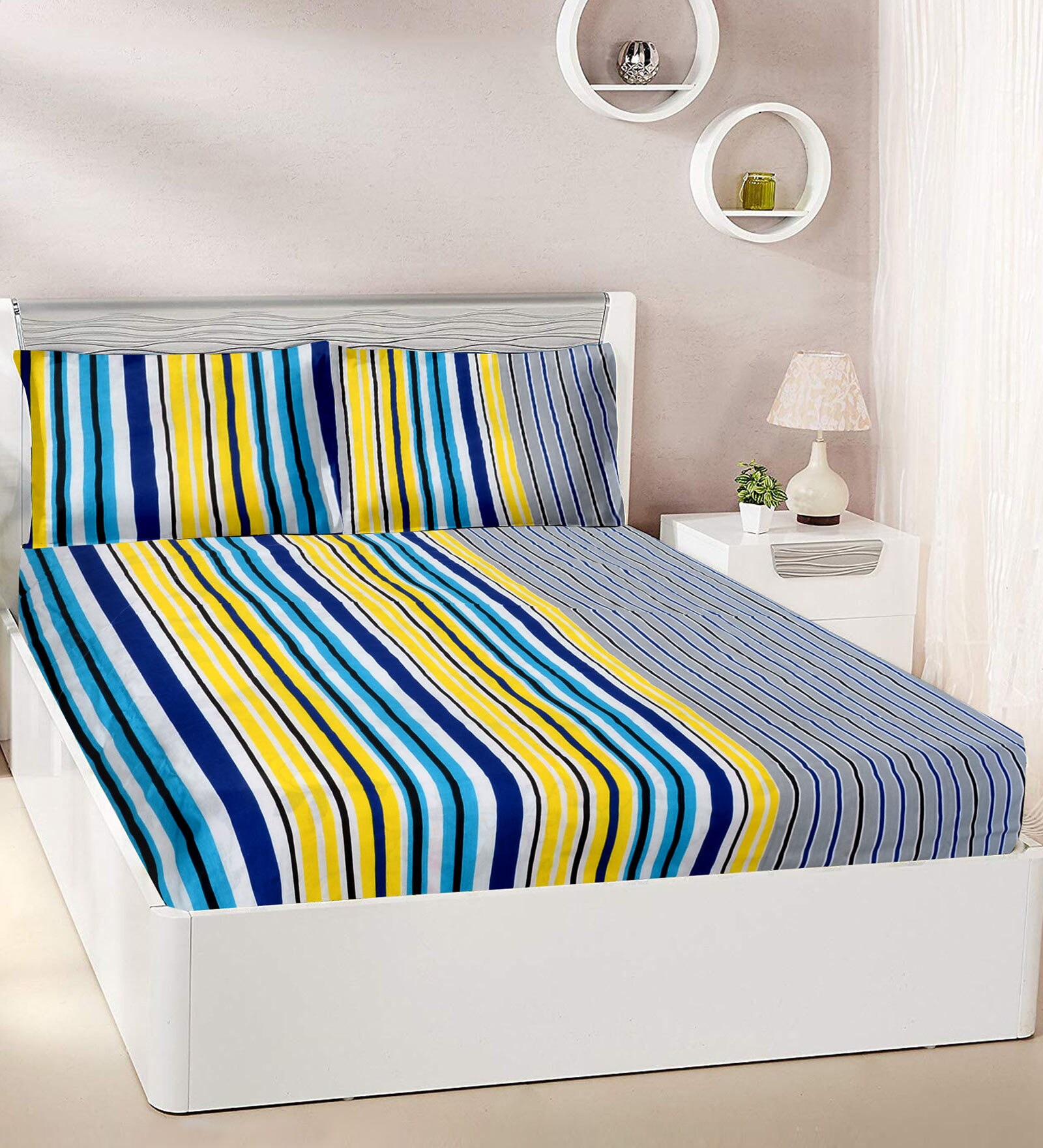 Multicolor striped 144 TC Cotton 1 Double Bedsheet with 2 Pillow Covers