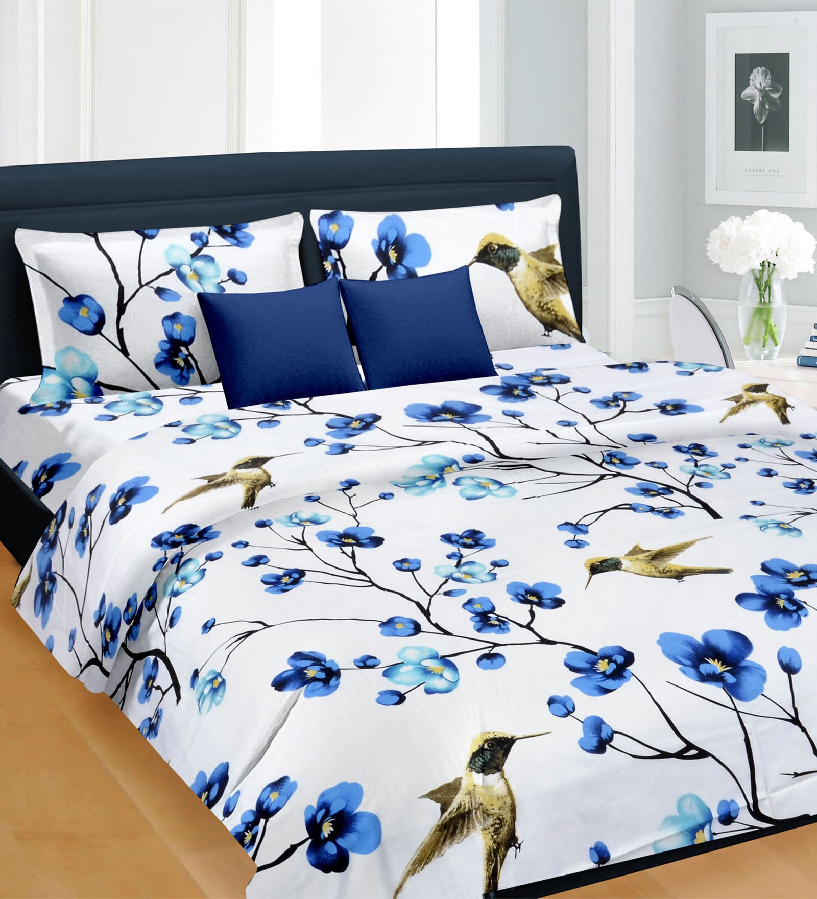 Buy White & Blue Satin Bed Sheet Set of 3 by Cortina Online Floral