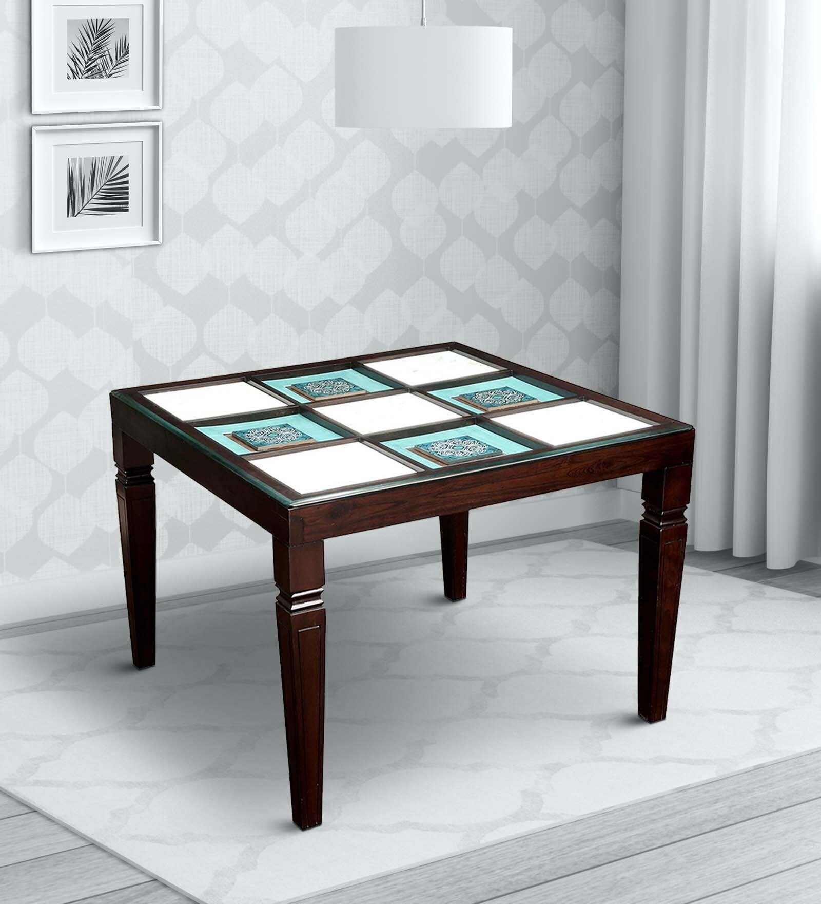Corto Teak Wood 4 Seater Dining Table in Walnut Finish with Glass Top