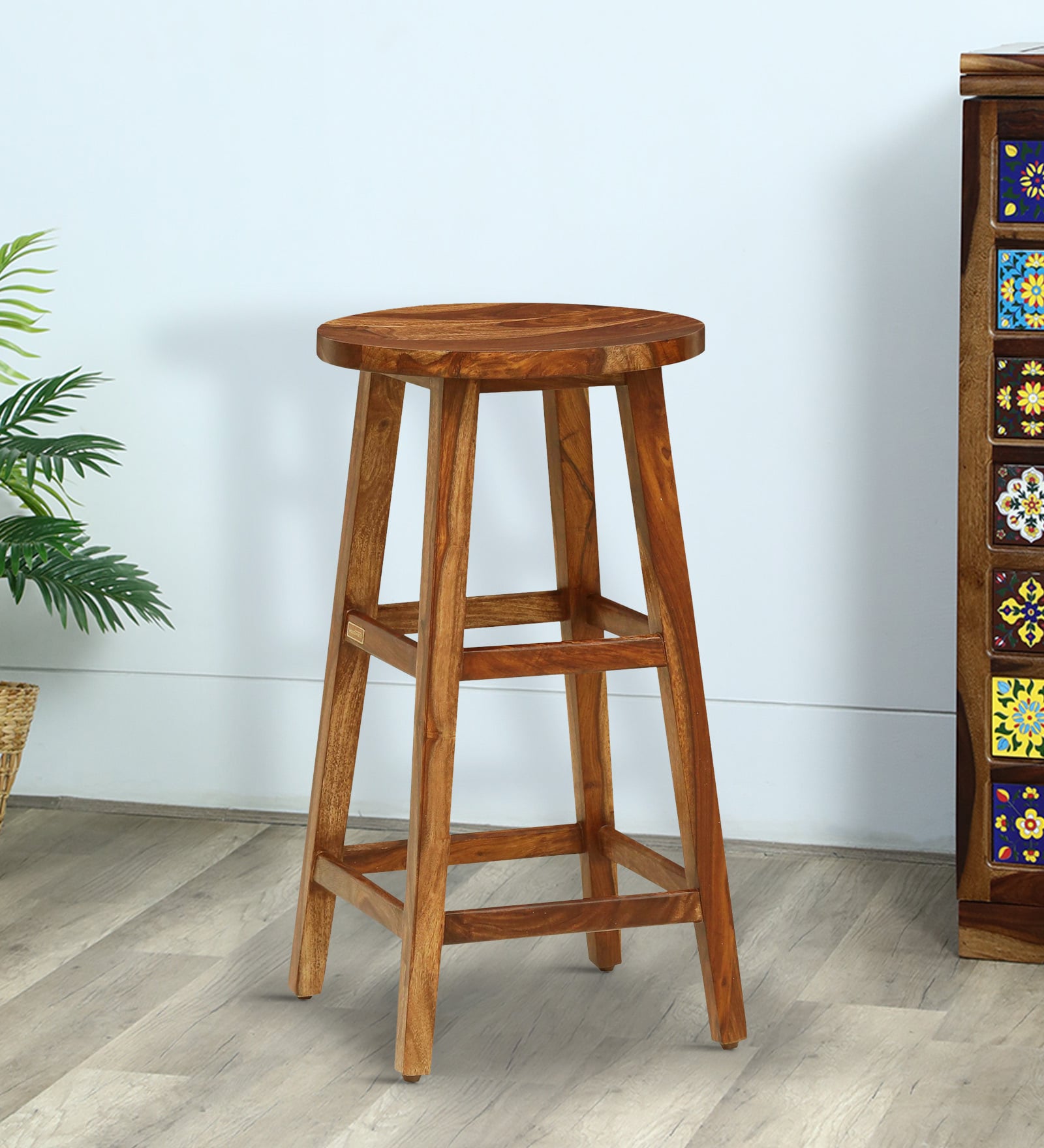 Cosenza Sheesham Wood Bar Stool In Rustic Teak Finish