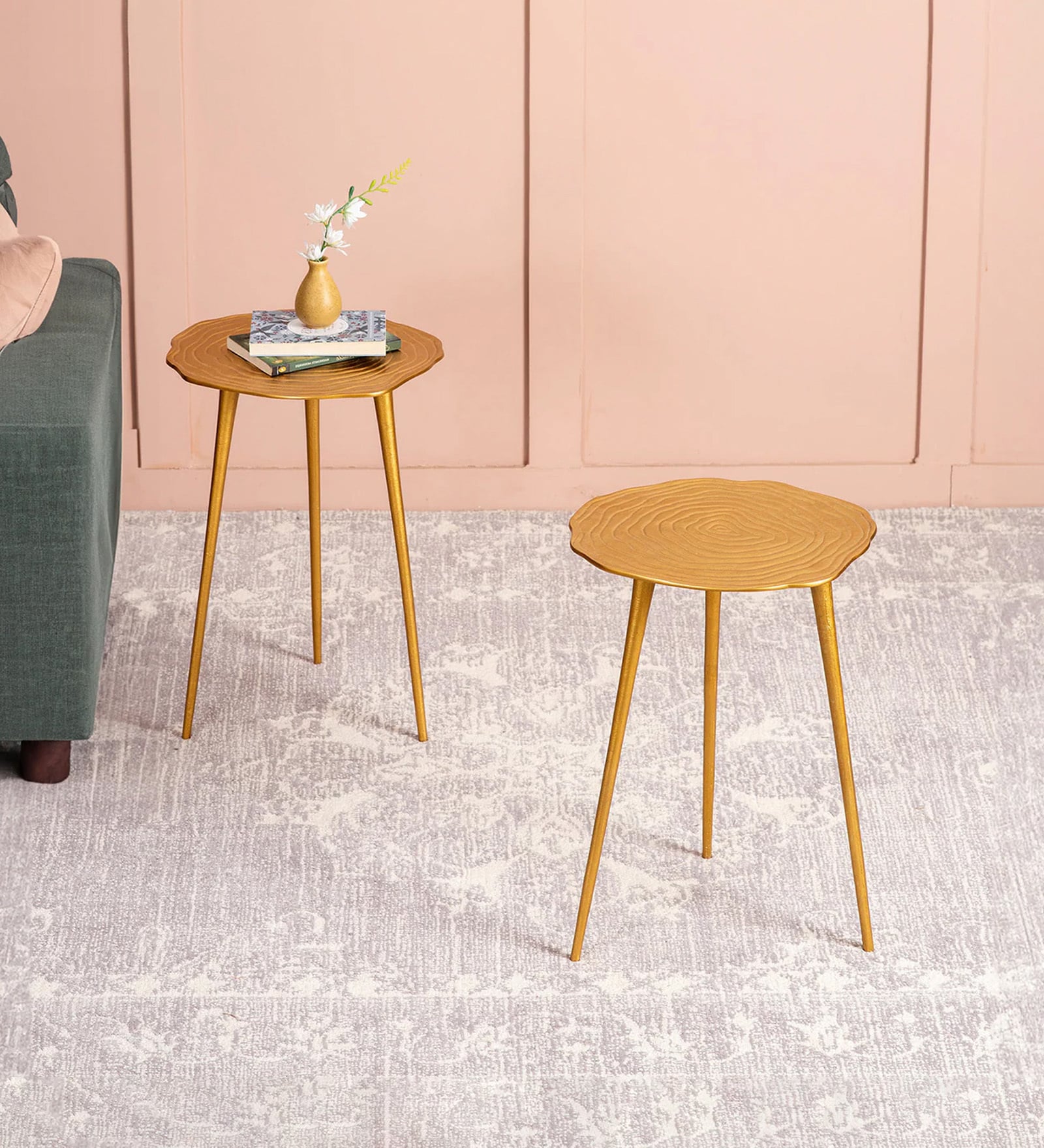 Cosmo Aluminium Floral End Table in Gold Finish Set of 2