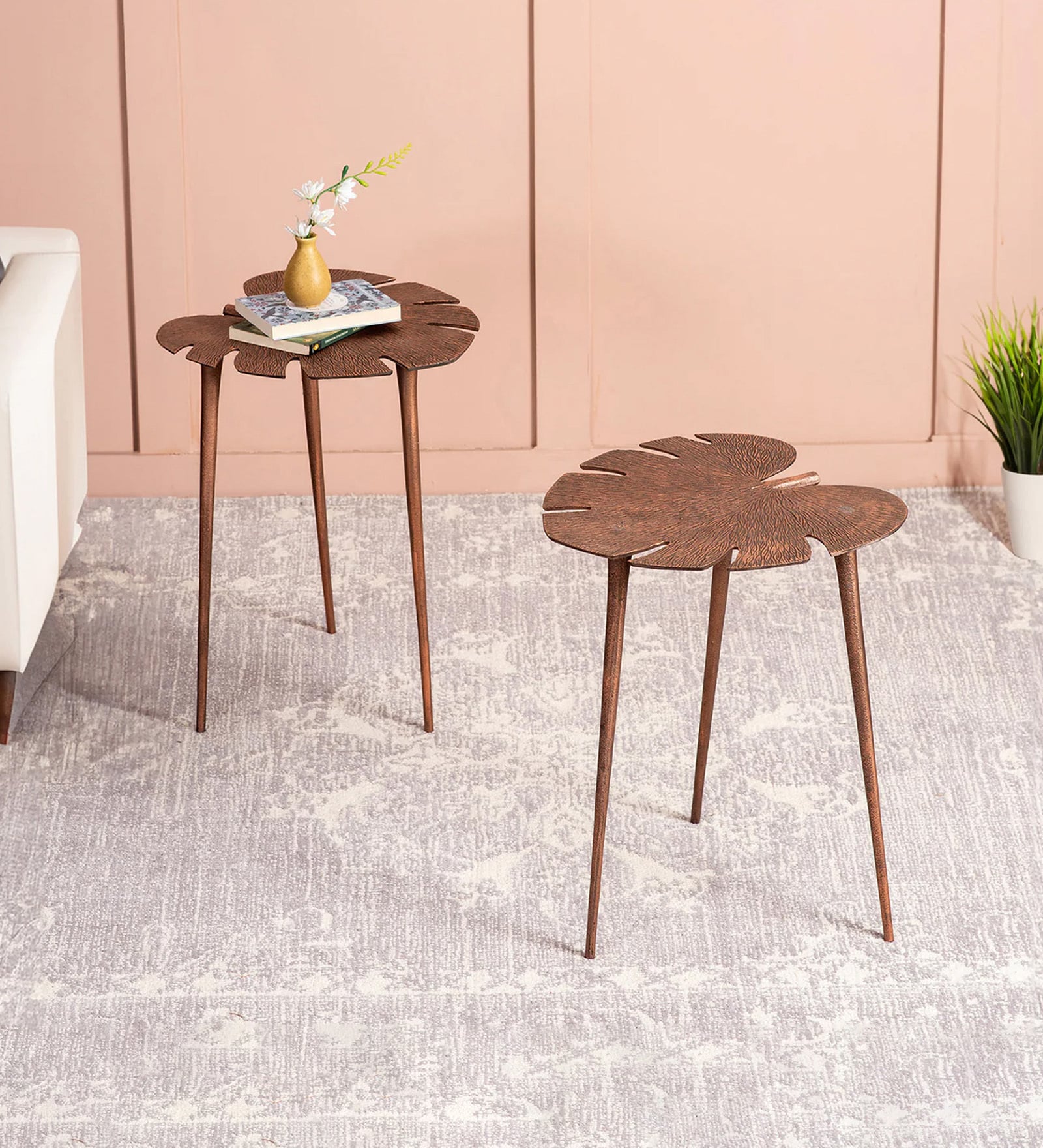 Cosmo Aluminium Leaf End Table in Copper Finish Set of 2