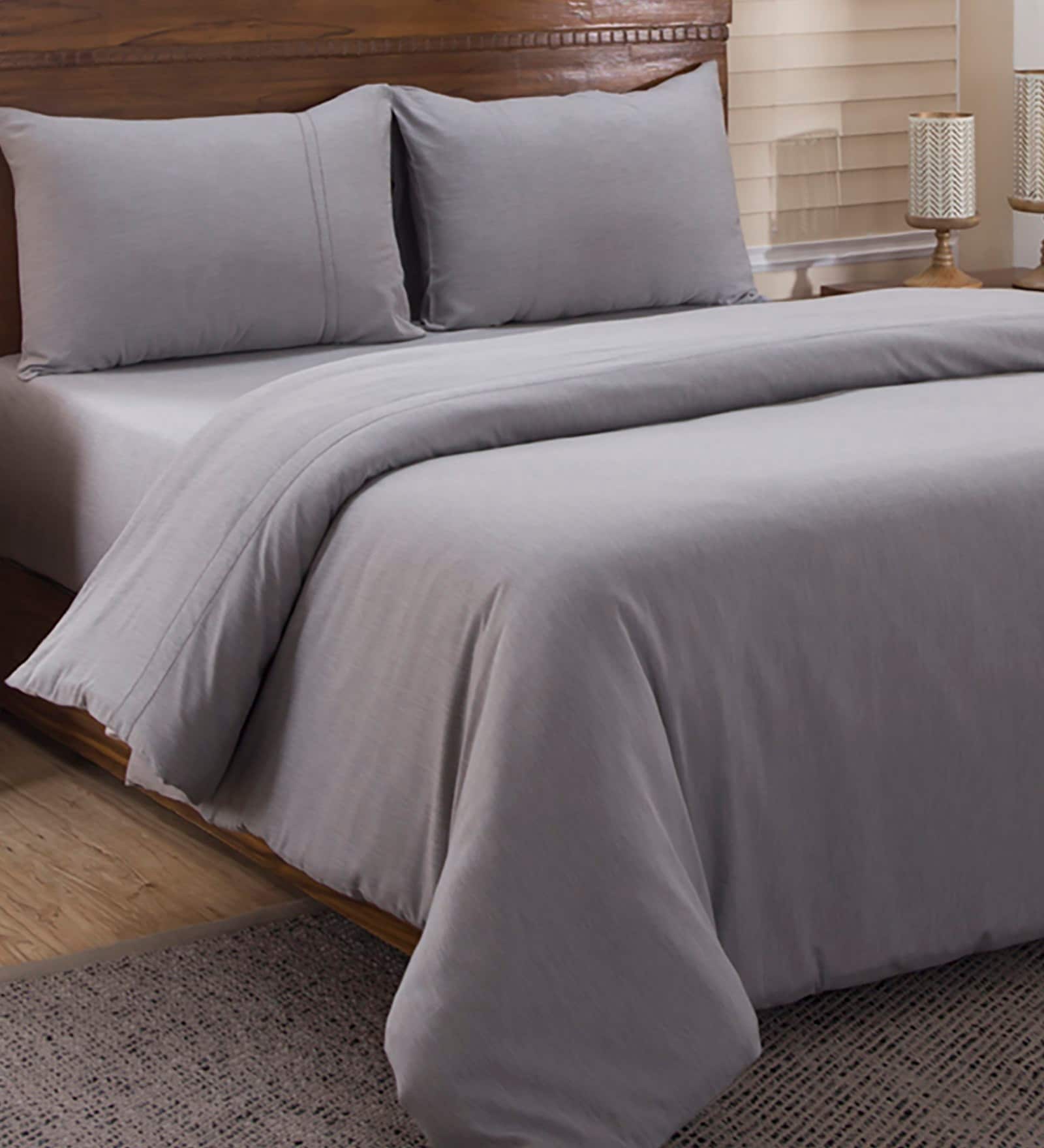 Grey Solid Cotton Double Bed Duvet Cover With 2 Pillow Covers